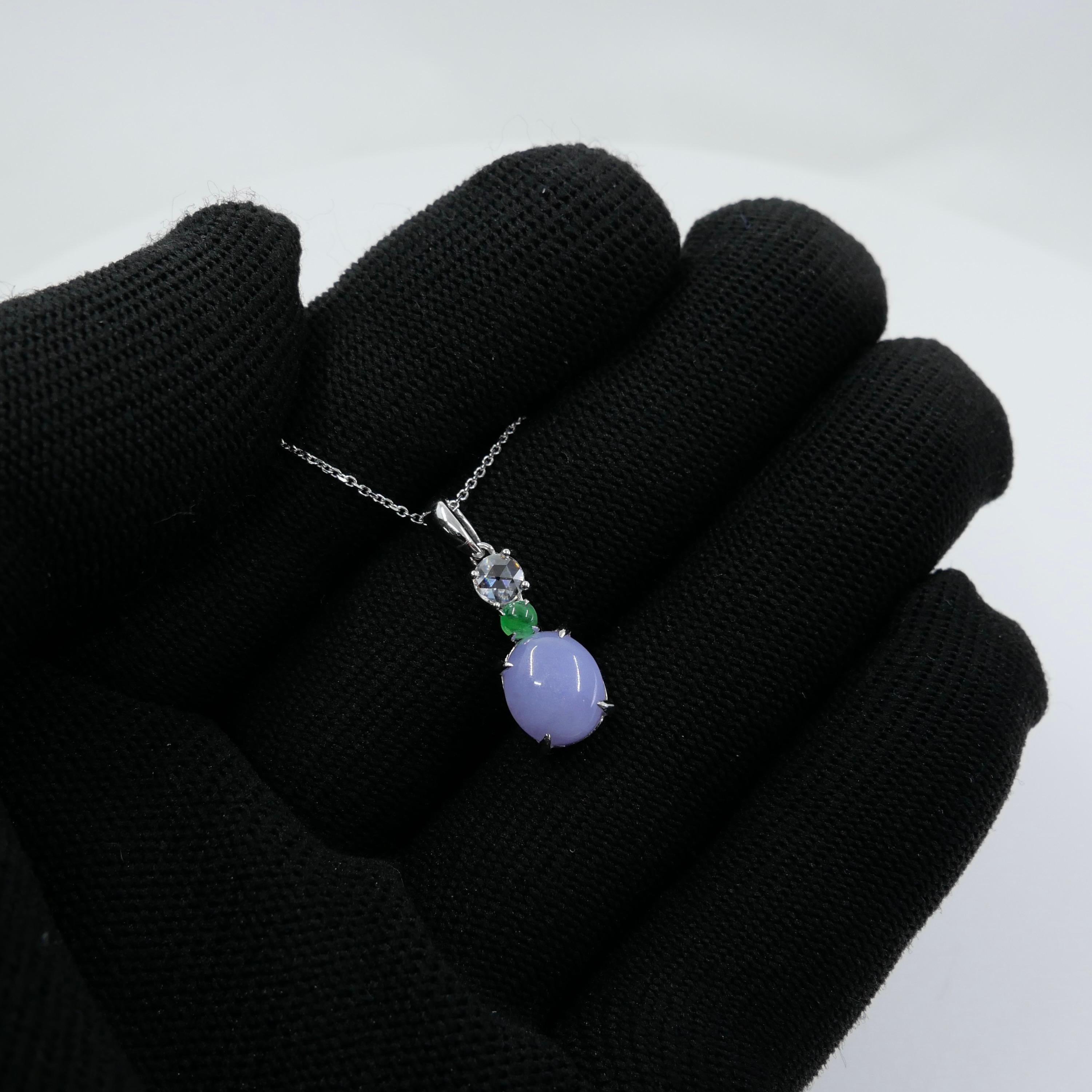 Certified 2.53cts Intense Lavender Jade & Rose Cut Diamond Drop Pendant Necklace For Sale 6