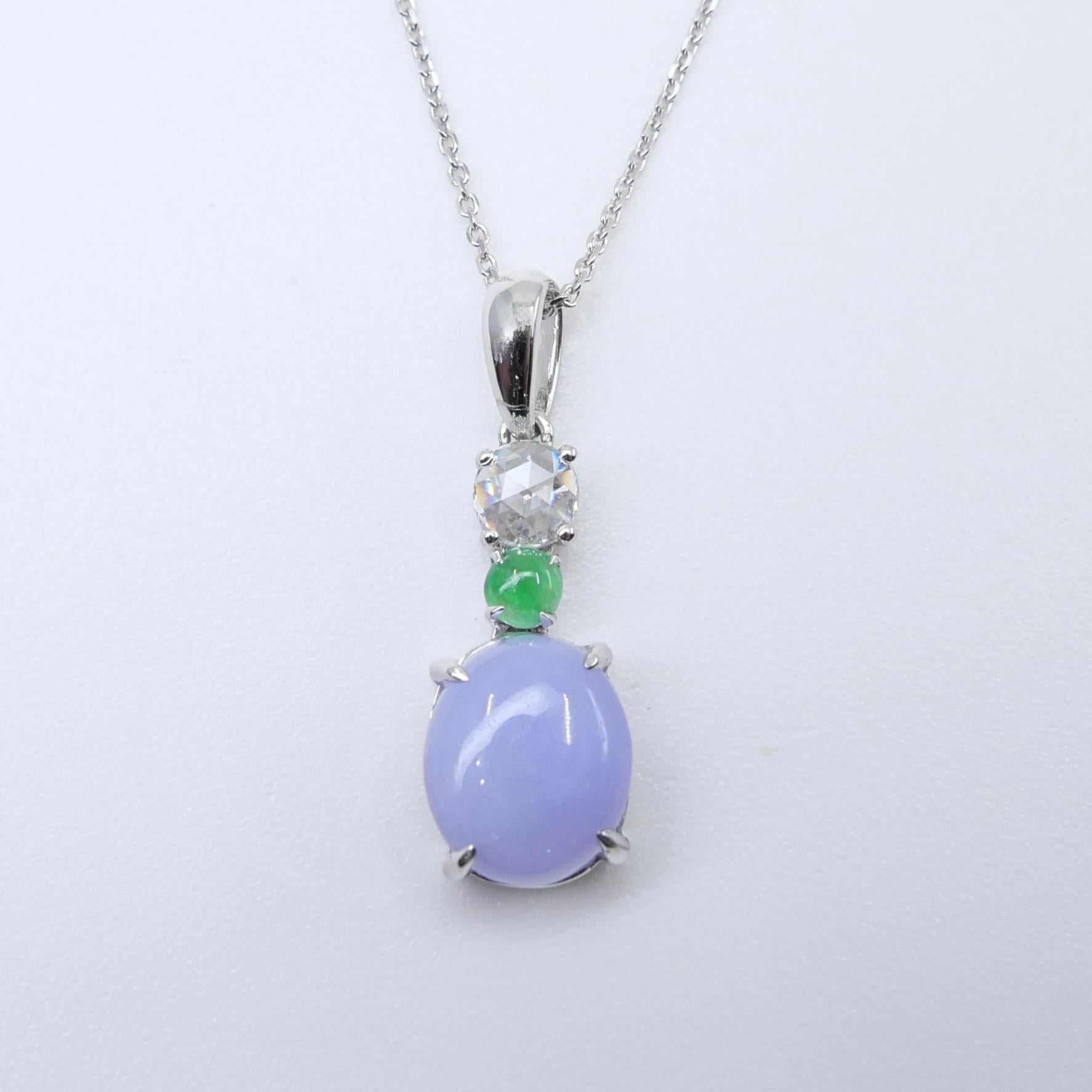 Certified 2.53cts Intense Lavender Jade & Rose Cut Diamond Drop Pendant Necklace For Sale 7