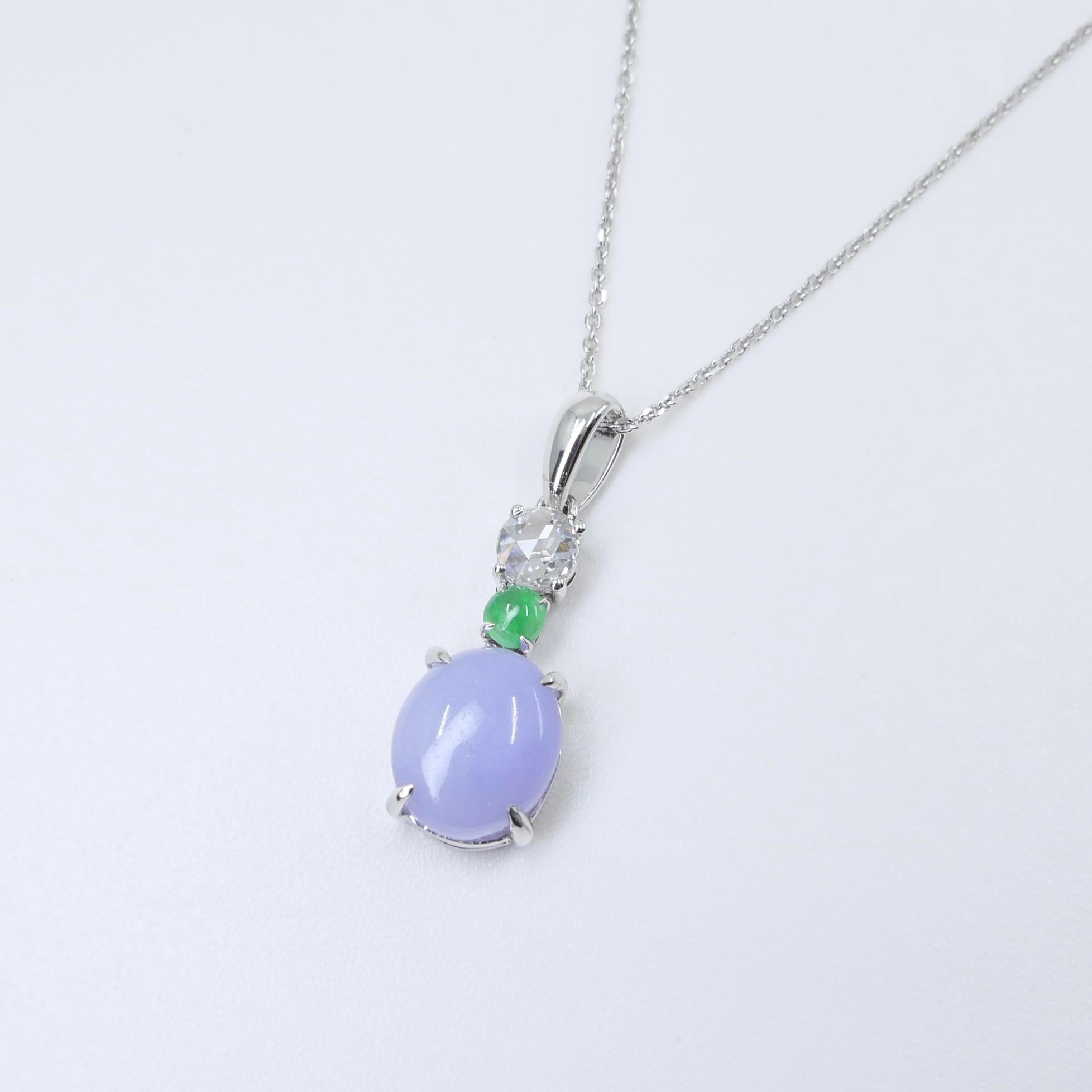 Certified 2.53cts Intense Lavender Jade & Rose Cut Diamond Drop Pendant Necklace For Sale 8