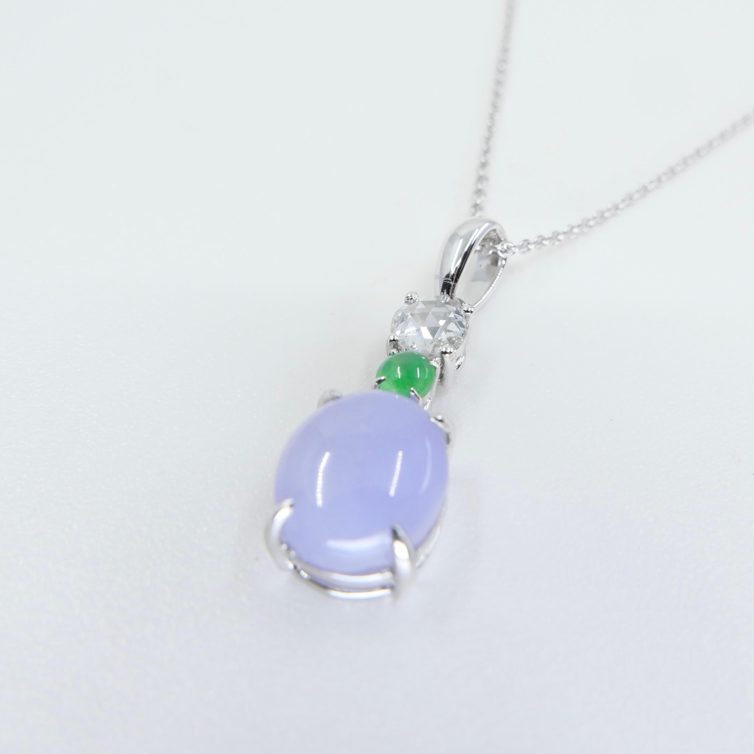 Certified 2.53cts Intense Lavender Jade & Rose Cut Diamond Drop Pendant Necklace For Sale 9