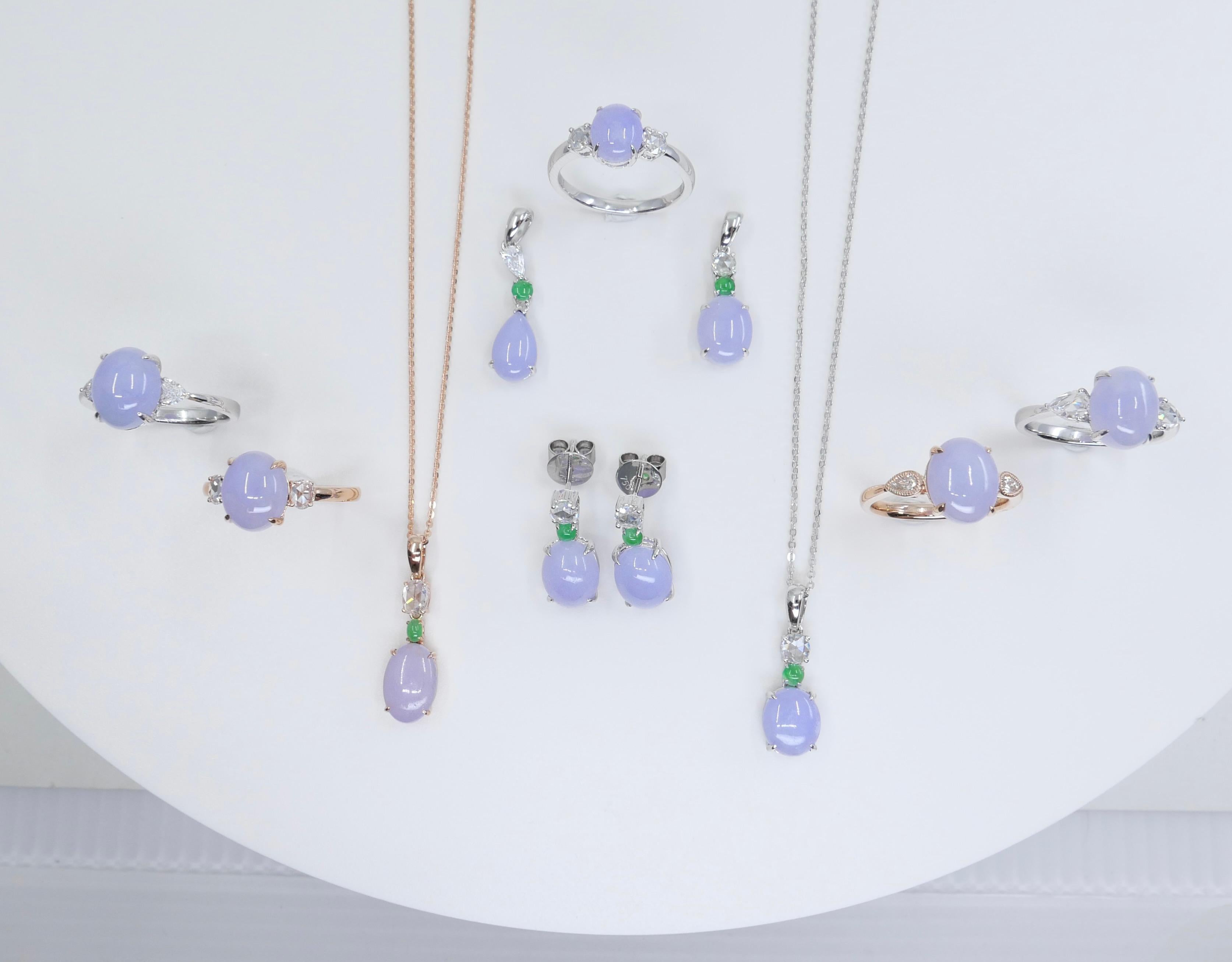 Certified 2.53cts Intense Lavender Jade & Rose Cut Diamond Drop Pendant Necklace For Sale 12