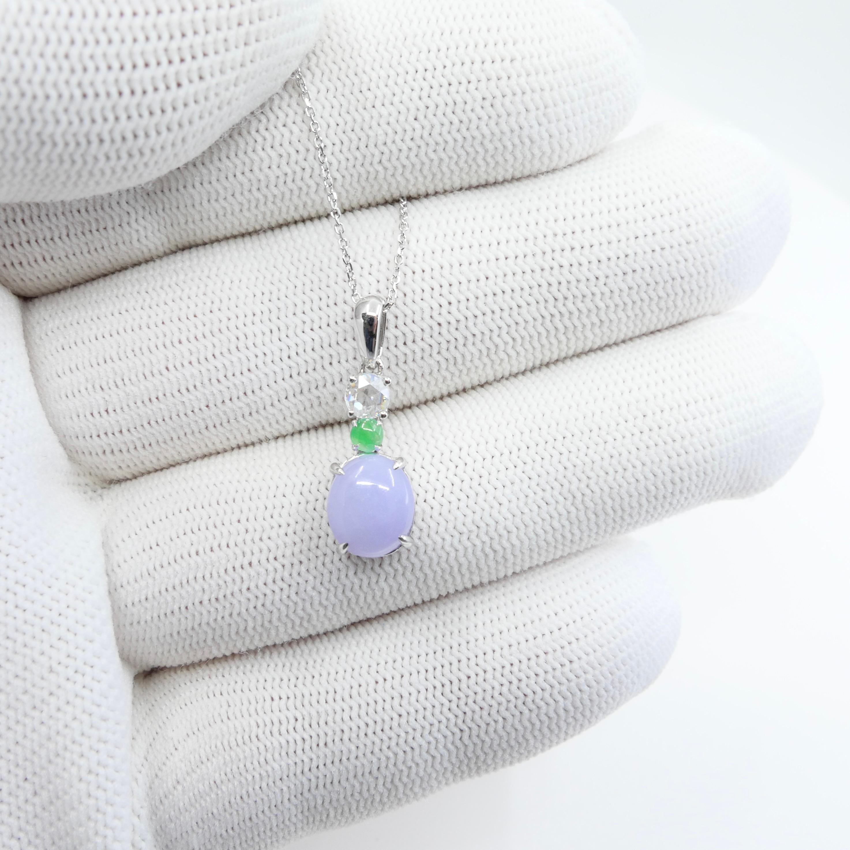 Cabochon Certified 2.53cts Intense Lavender Jade & Rose Cut Diamond Drop Pendant Necklace For Sale