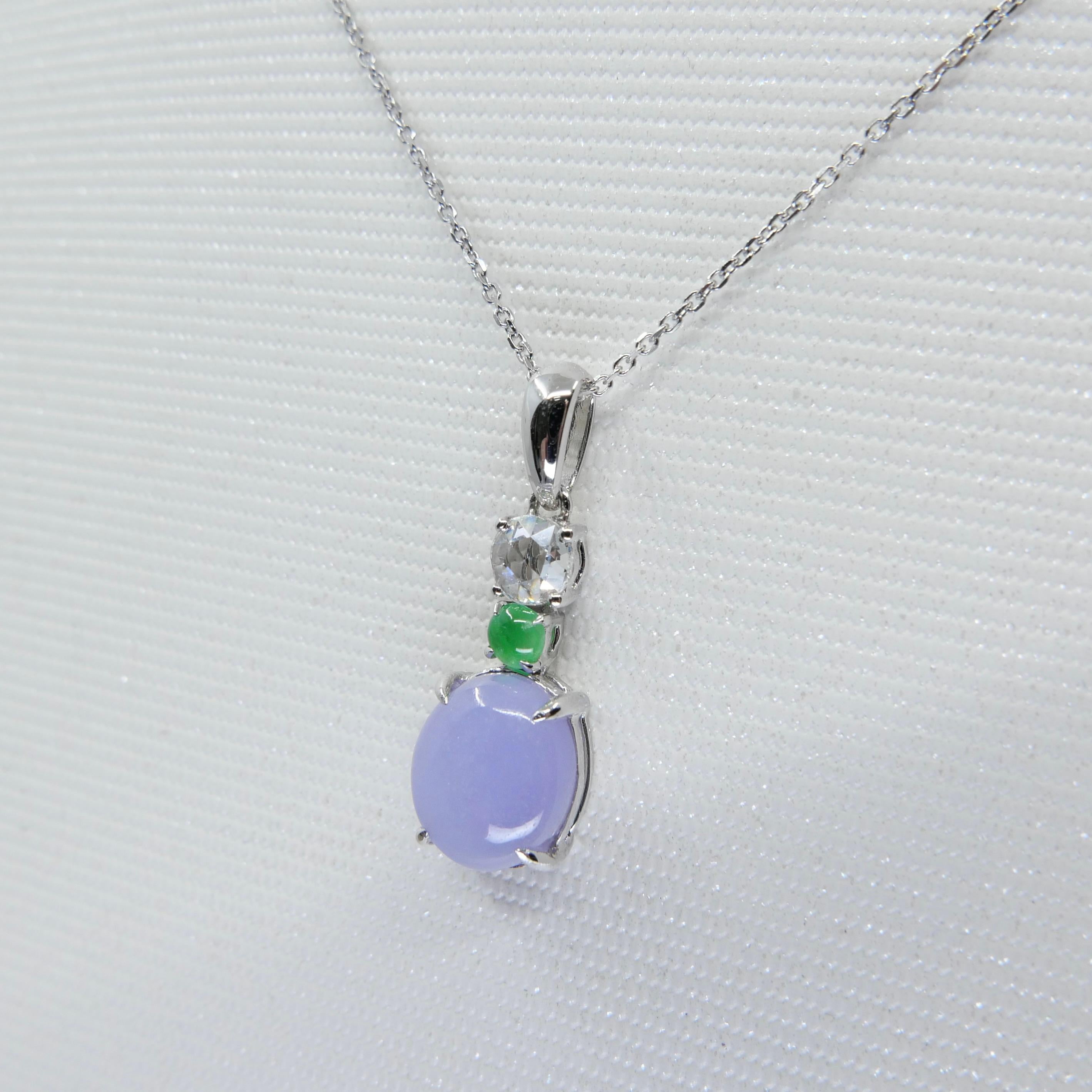 Certified 2.53cts Intense Lavender Jade & Rose Cut Diamond Drop Pendant Necklace In New Condition For Sale In Hong Kong, HK