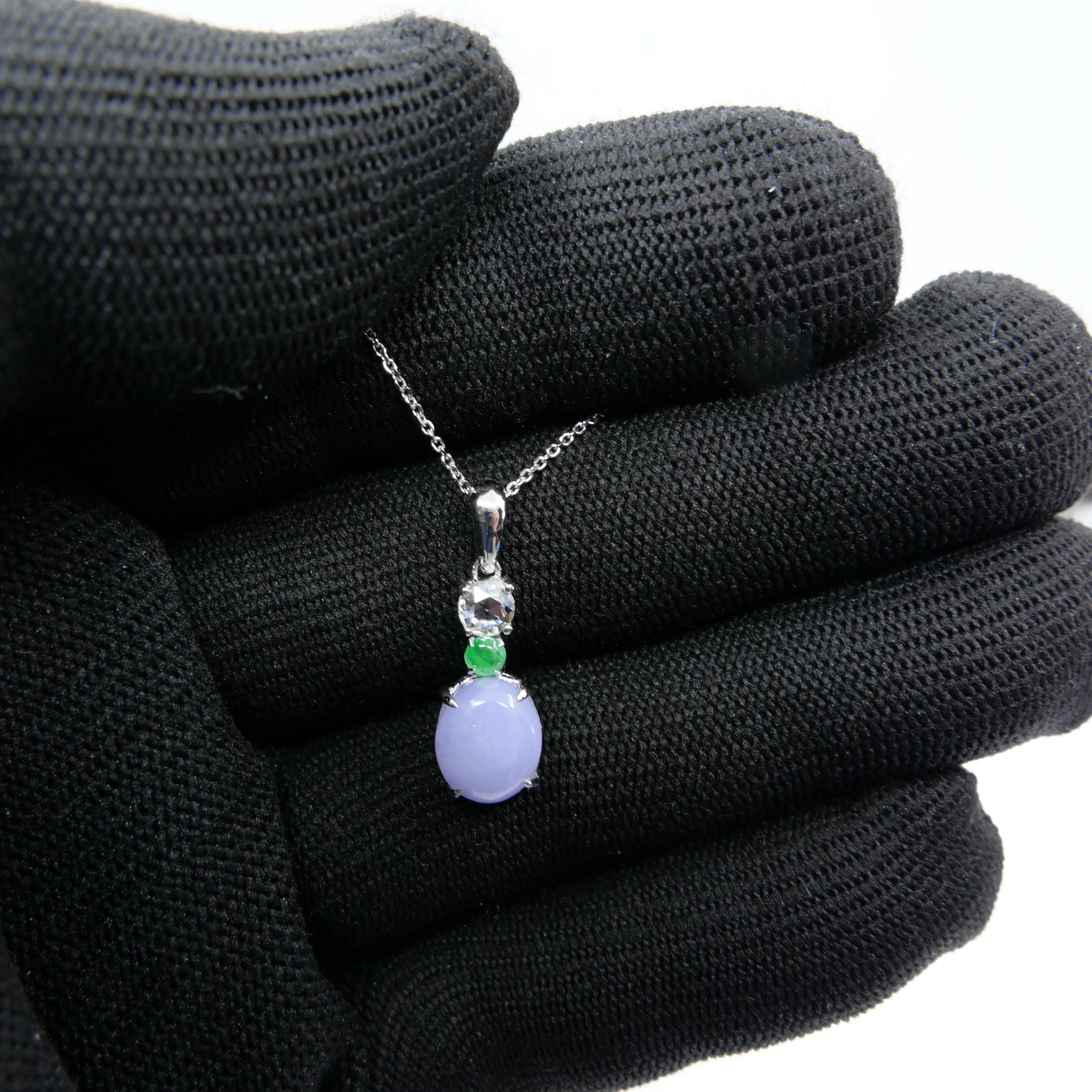 Women's Certified 2.53cts Intense Lavender Jade & Rose Cut Diamond Drop Pendant Necklace For Sale
