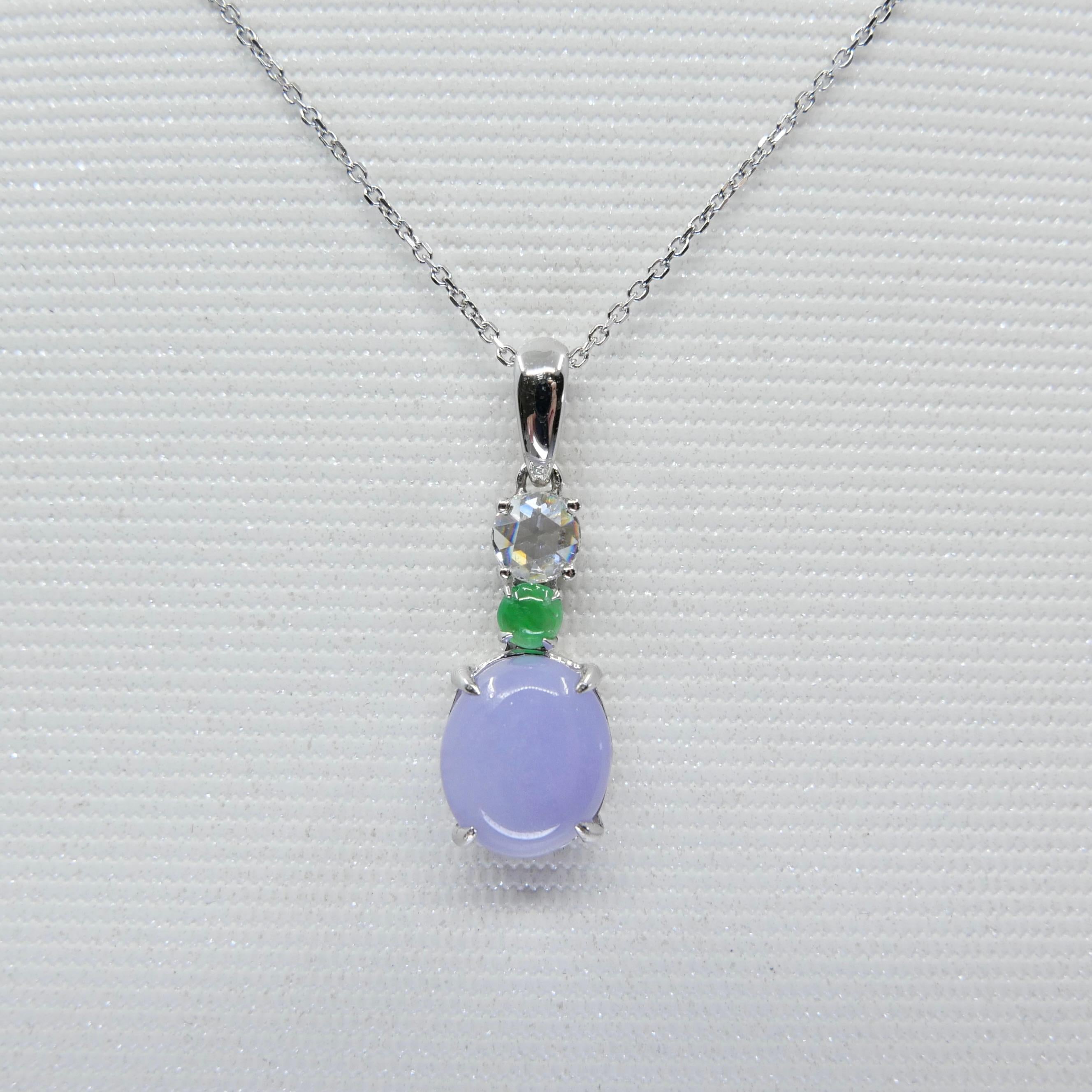 Certified 2.53cts Intense Lavender Jade & Rose Cut Diamond Drop Pendant Necklace For Sale 1