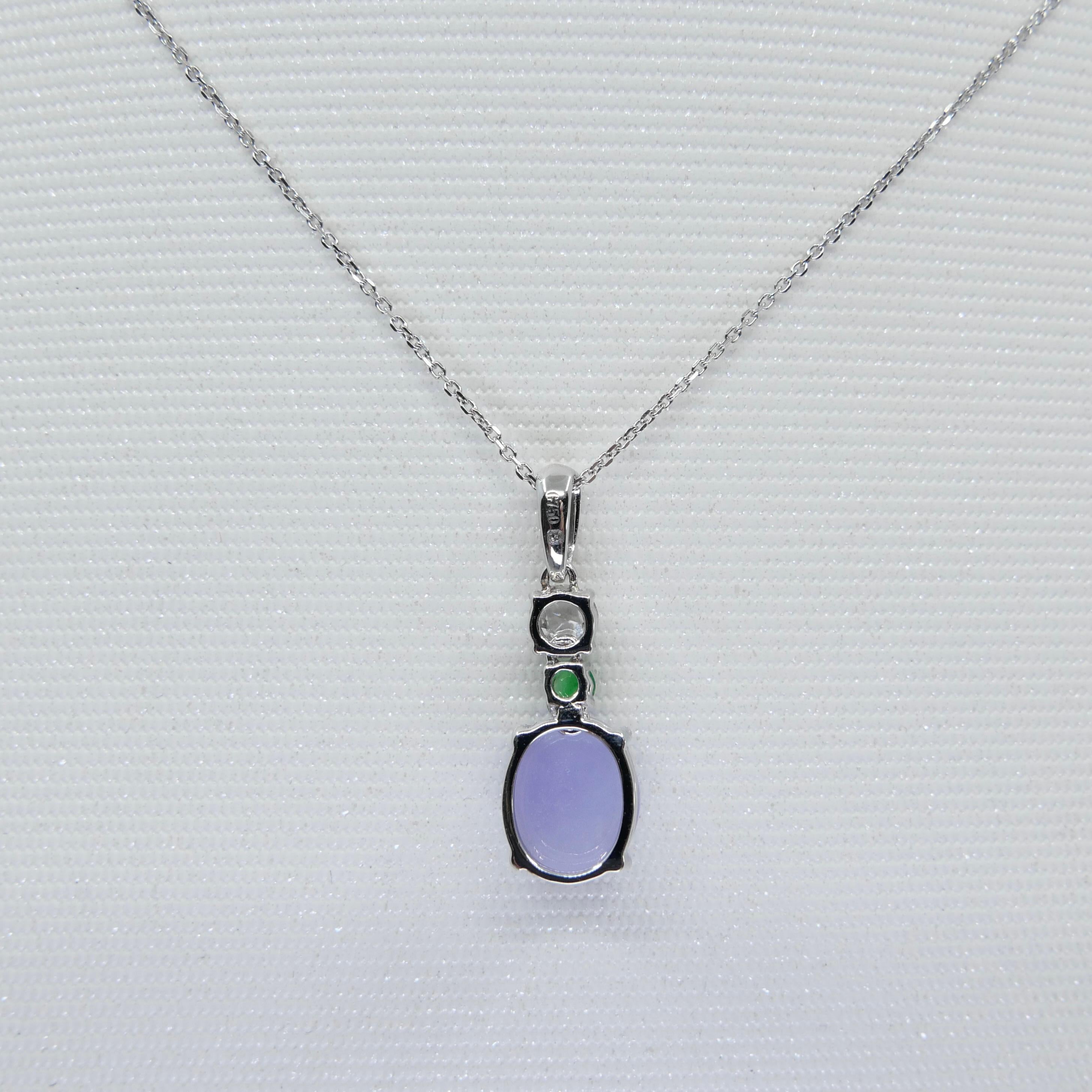 Certified 2.53cts Intense Lavender Jade & Rose Cut Diamond Drop Pendant Necklace For Sale 2