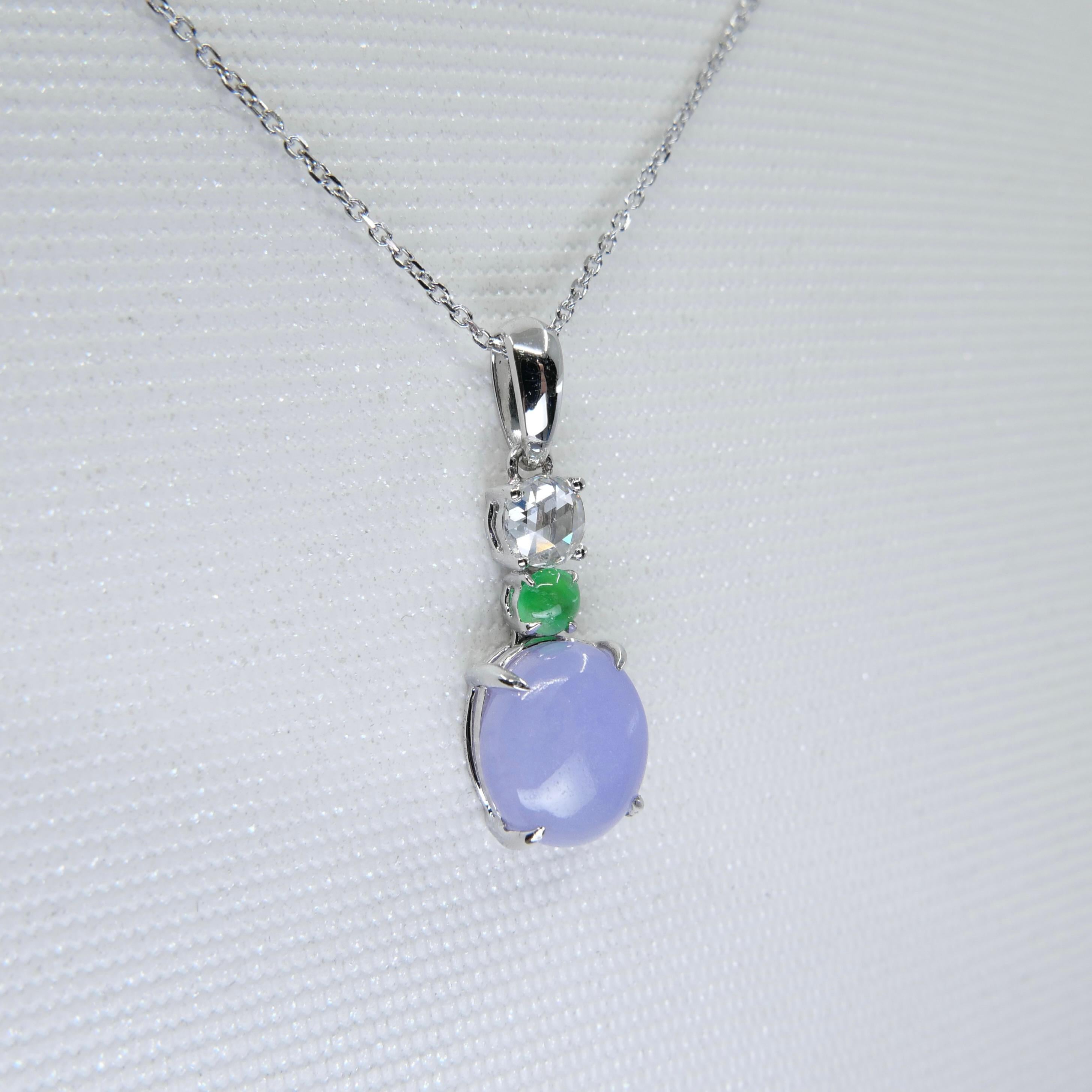 Certified 2.53cts Intense Lavender Jade & Rose Cut Diamond Drop Pendant Necklace For Sale 3