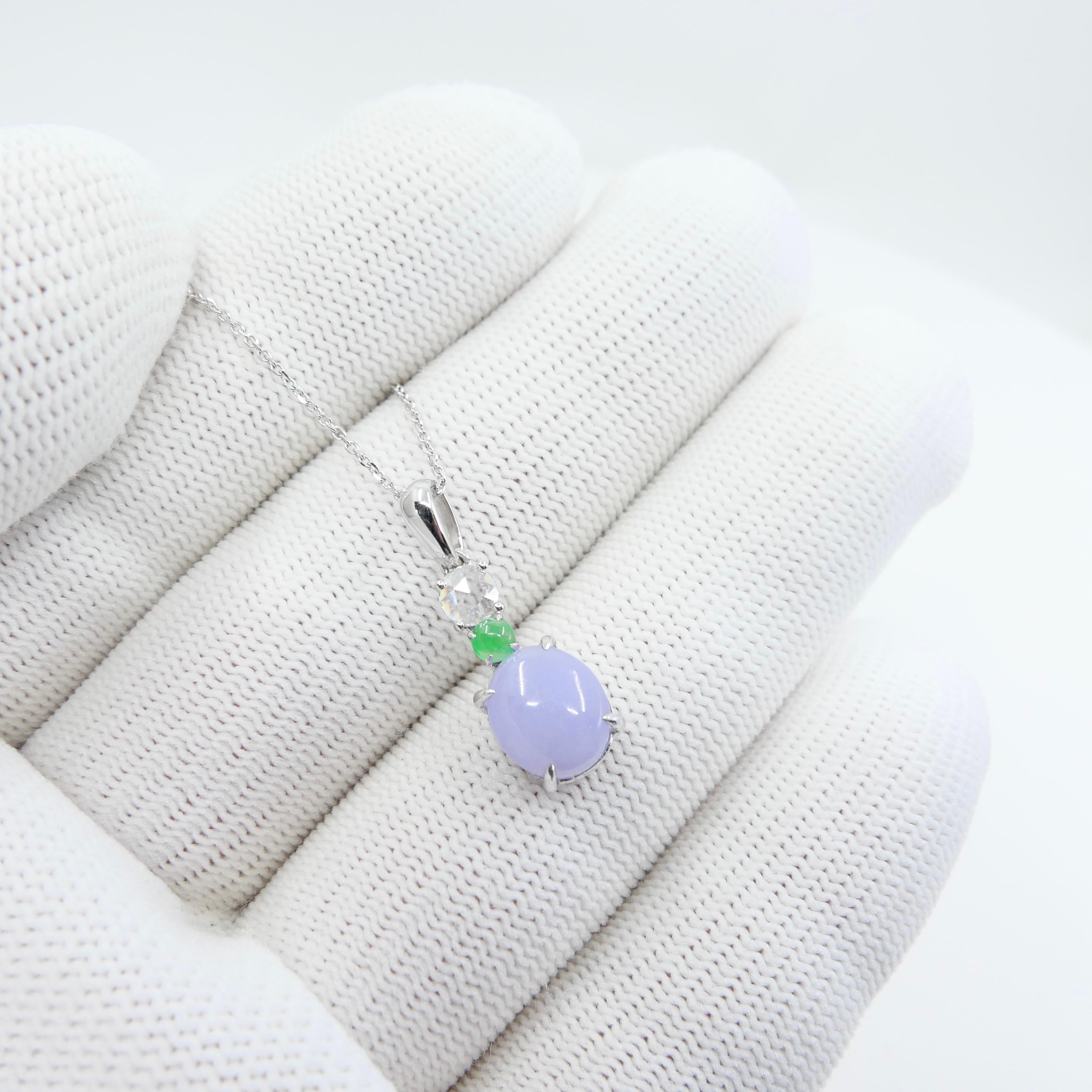 Certified 2.53cts Intense Lavender Jade & Rose Cut Diamond Drop Pendant Necklace For Sale 4