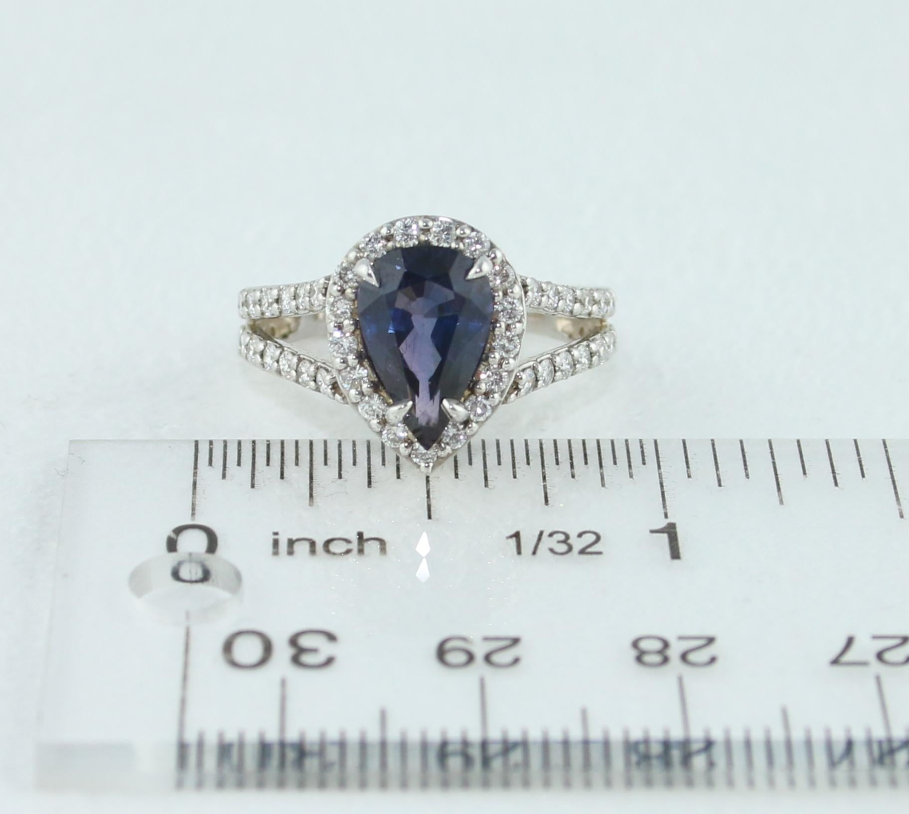 Certified 2.56 Carat Pear Violet Blue Sapphire Diamond Halo Gold Ring For Sale 3