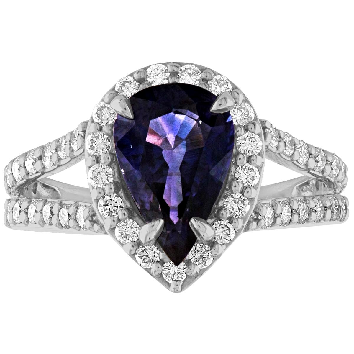 Certified 2.56 Carat Pear Violet Blue Sapphire Diamond Halo Gold Ring
