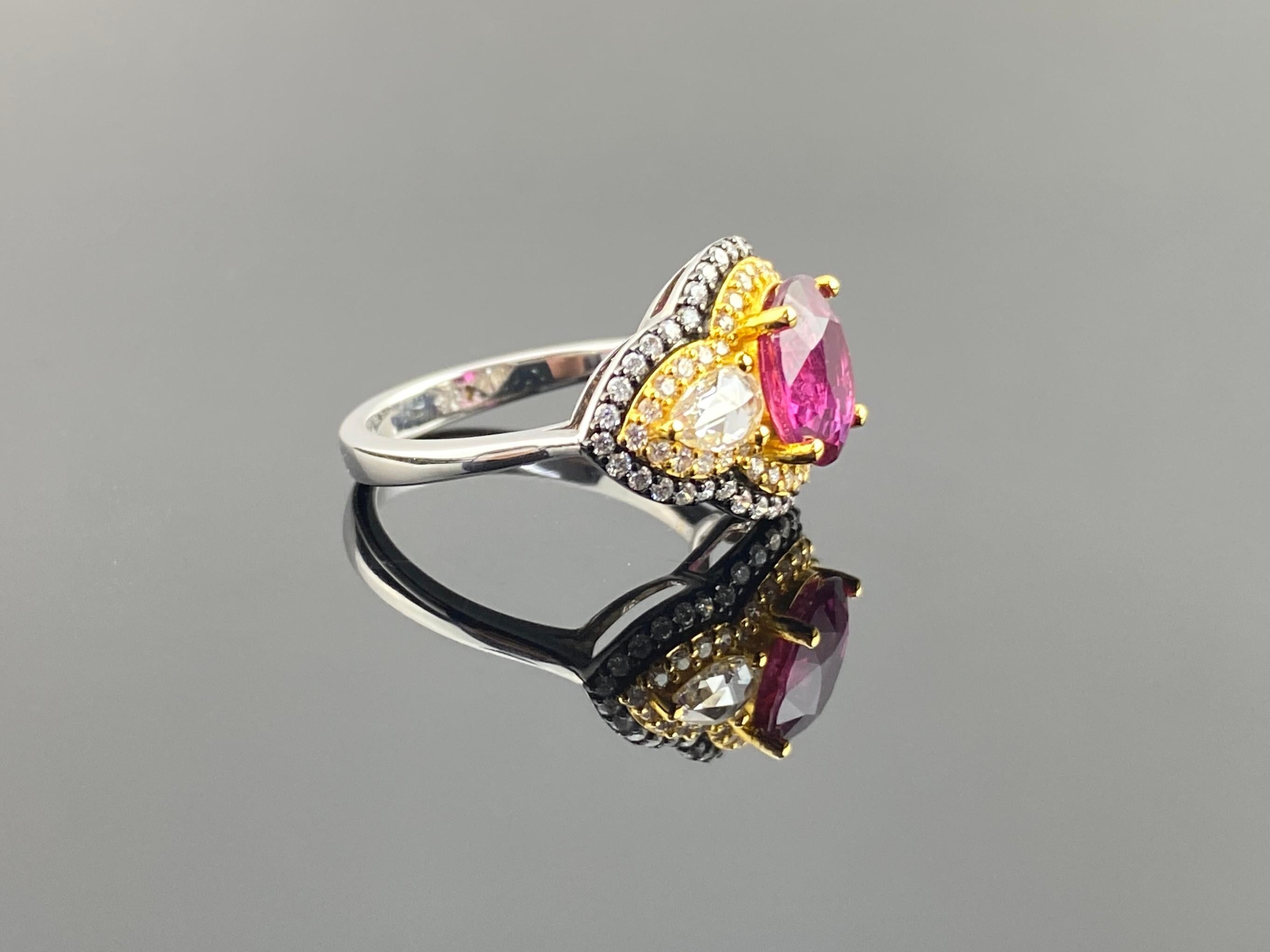 Modern Certified 2.59 Carat Ruby and Diamond Three Stone Engagement Ring For Sale