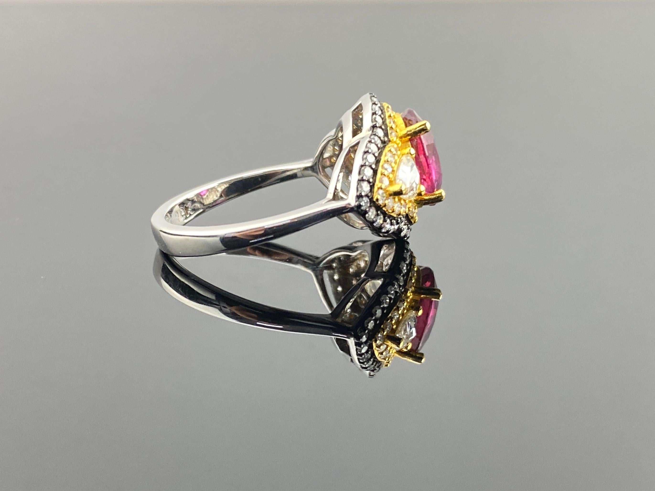 Oval Cut Certified 2.59 Carat Ruby and Diamond Three Stone Engagement Ring For Sale
