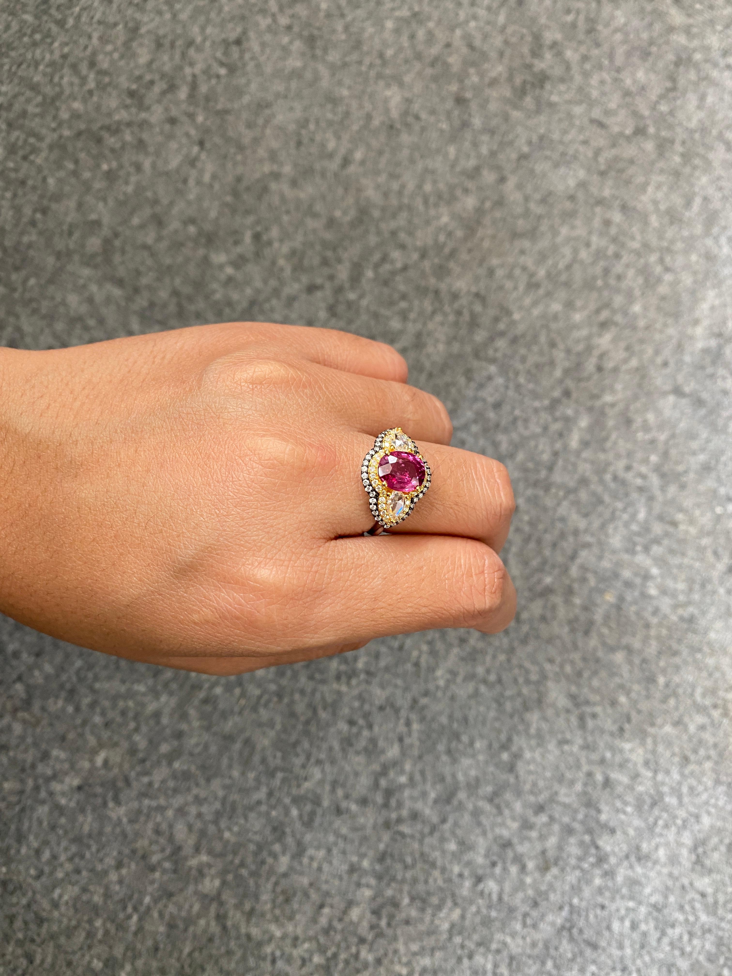 Certified 2.59 Carat Ruby and Diamond Three Stone Engagement Ring For Sale 1