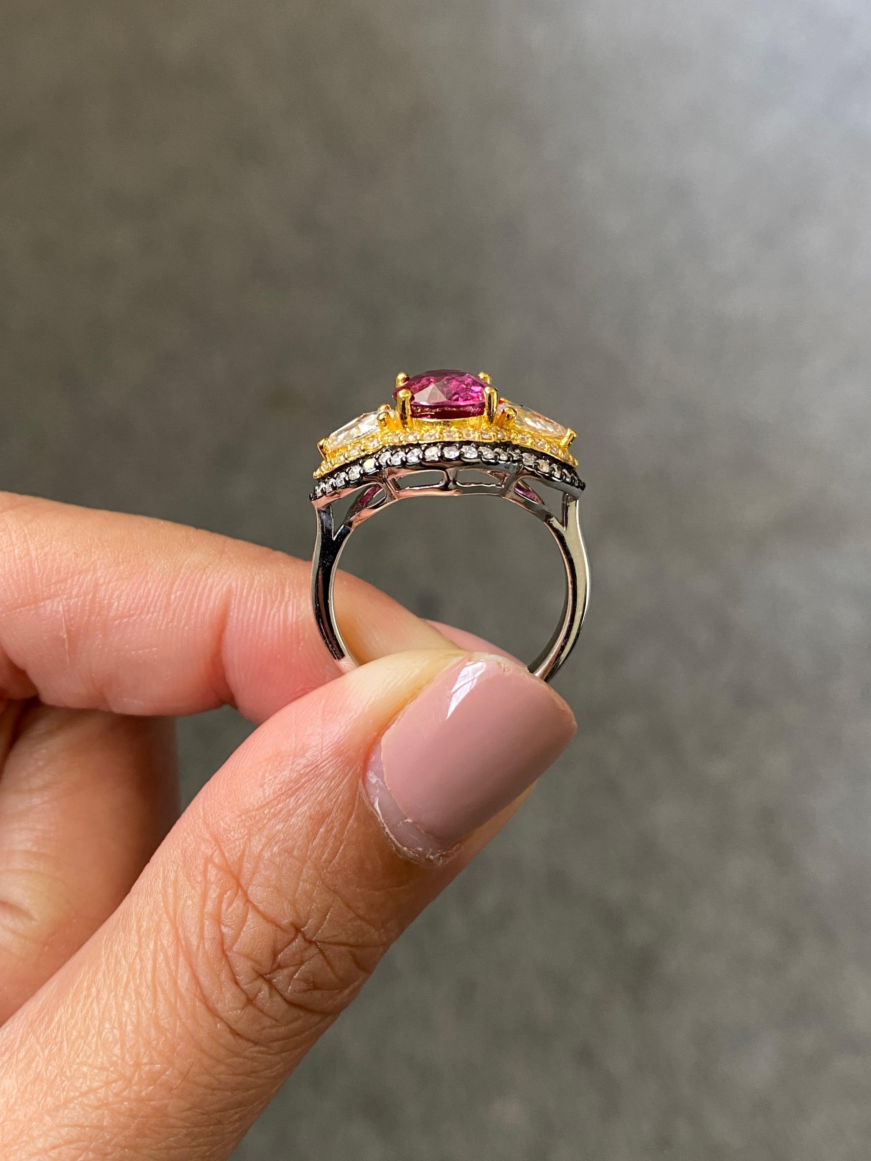 Certified 2.59 Carat Ruby and Diamond Three Stone Engagement Ring For Sale 2