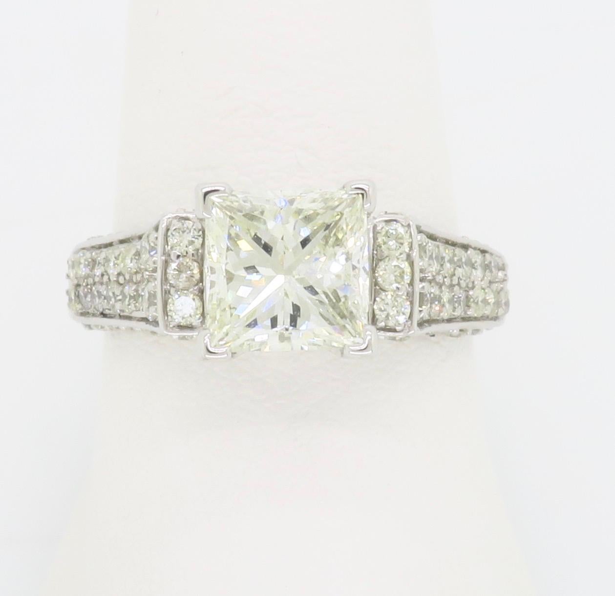 Certified 2.59ctw diamond engagement ring featuring a 1.74ct Princess Cut Diamond. 

Center Diamond Carat Weight: 1.74CT
Center Diamond Cut: Princess
Certification Number: EGL: 2752068030
Center Diamond Color: I
Center Diamond Clarity: VS2
Total