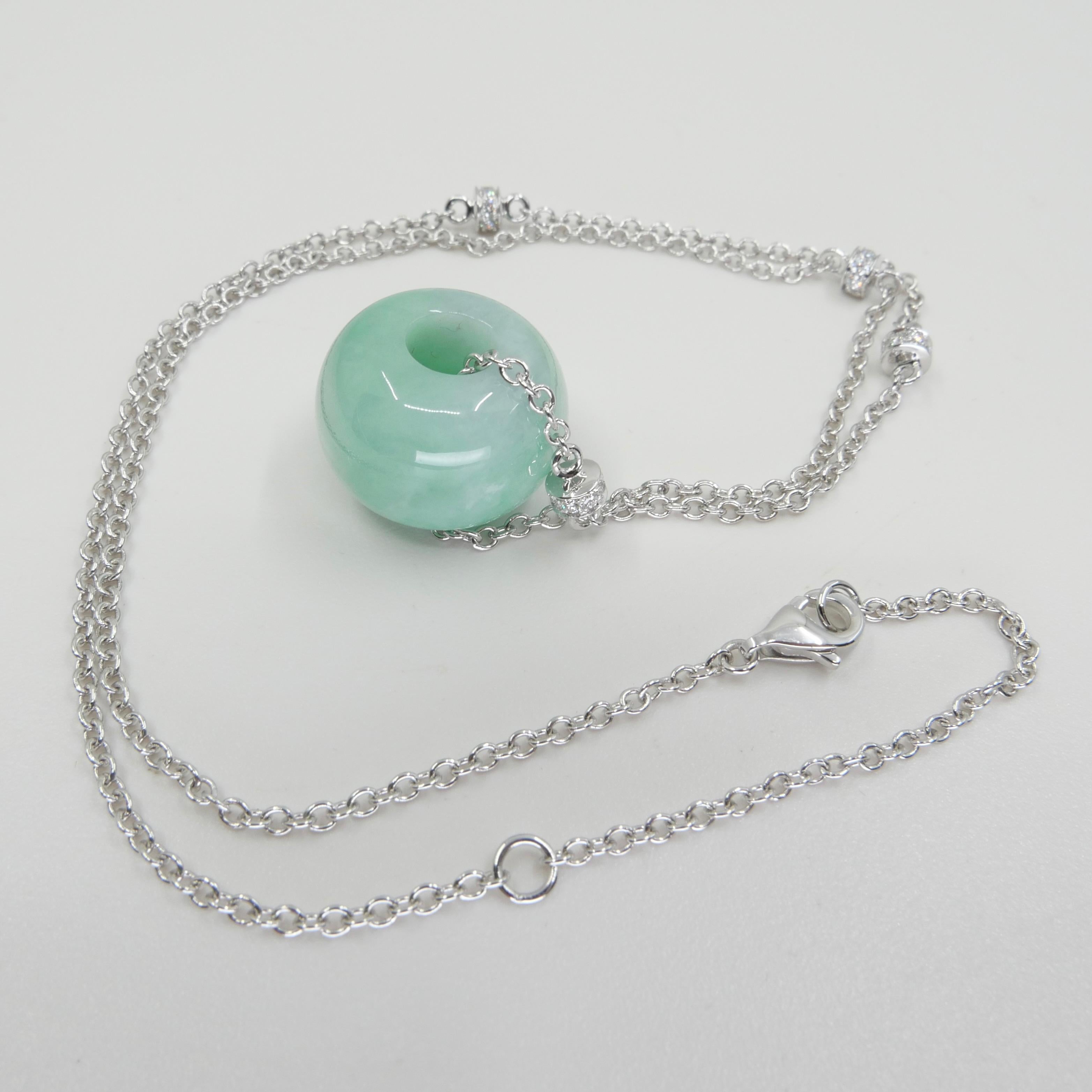 Round Cut Certified 26.30 Cts Jade Donut Pendant, Custom Diamond Necklace, Apple Green  For Sale