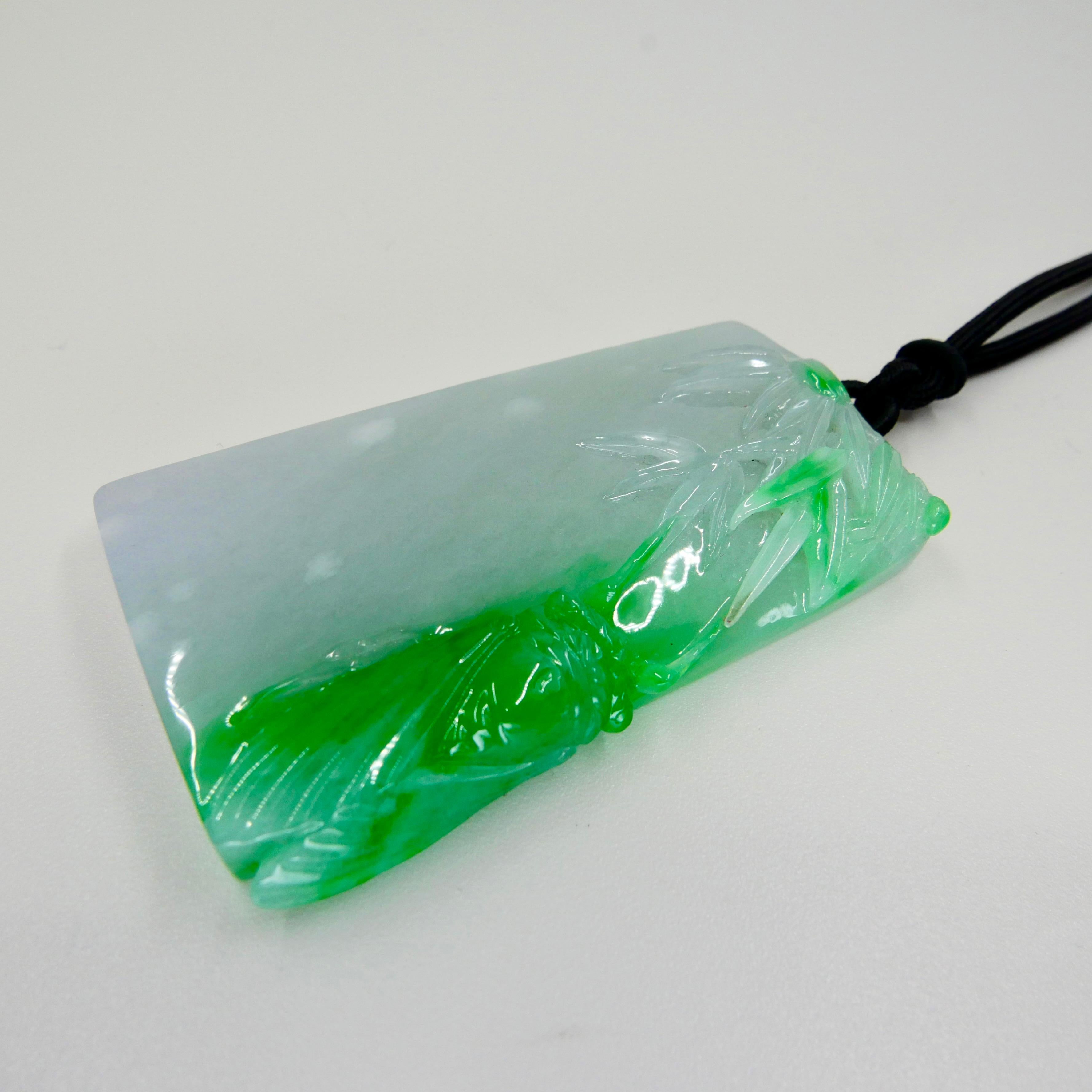 Certified 266cts Jadeite Cicada Pendant, Long Life & Immortality, Imperial Green For Sale 8