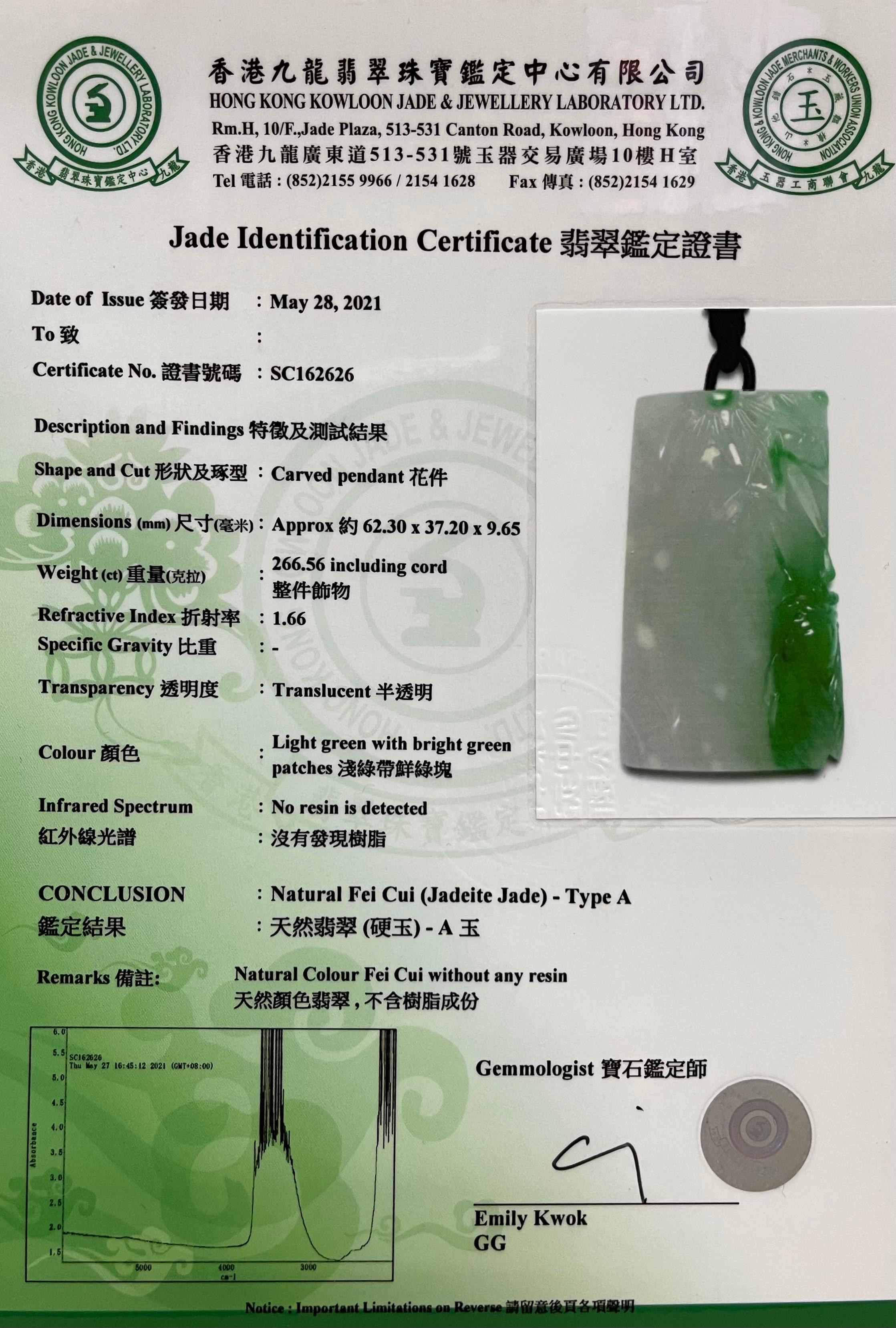 Certified 266cts Jadeite Cicada Pendant, Long Life & Immortality, Imperial Green For Sale 13
