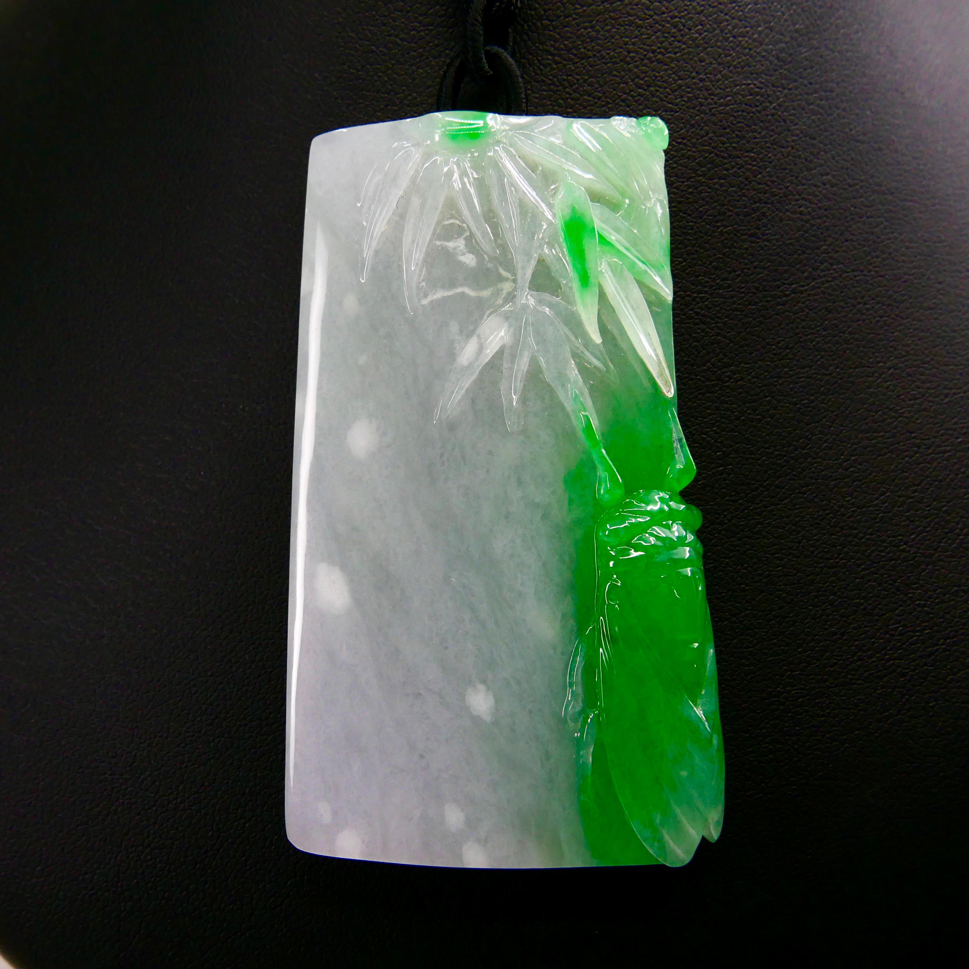 Certified 266cts Jadeite Cicada Pendant, Long Life & Immortality, Imperial Green For Sale 1
