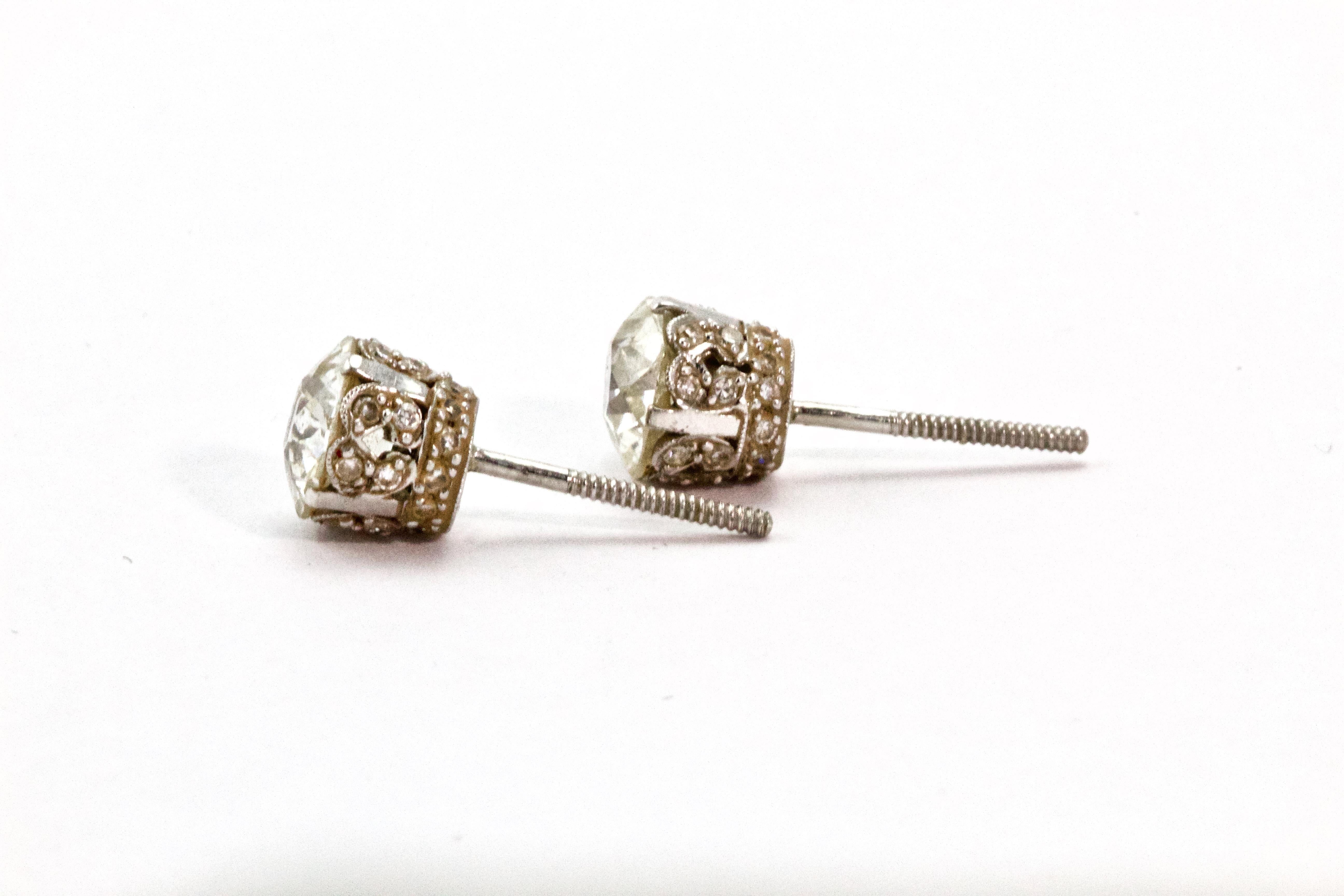 Certified 2.67 Carat Platinum Art Deco OEC Diamond Stud Screw Back Earrings In Excellent Condition In Chipping Campden, GB