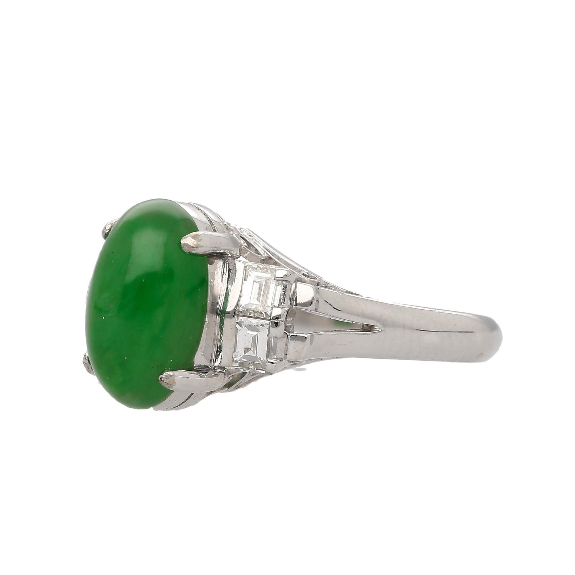 Oval Cut Certified 2.69 Carat Oval Bright Green Untreated A Jadeite Jade Platinum Ring For Sale