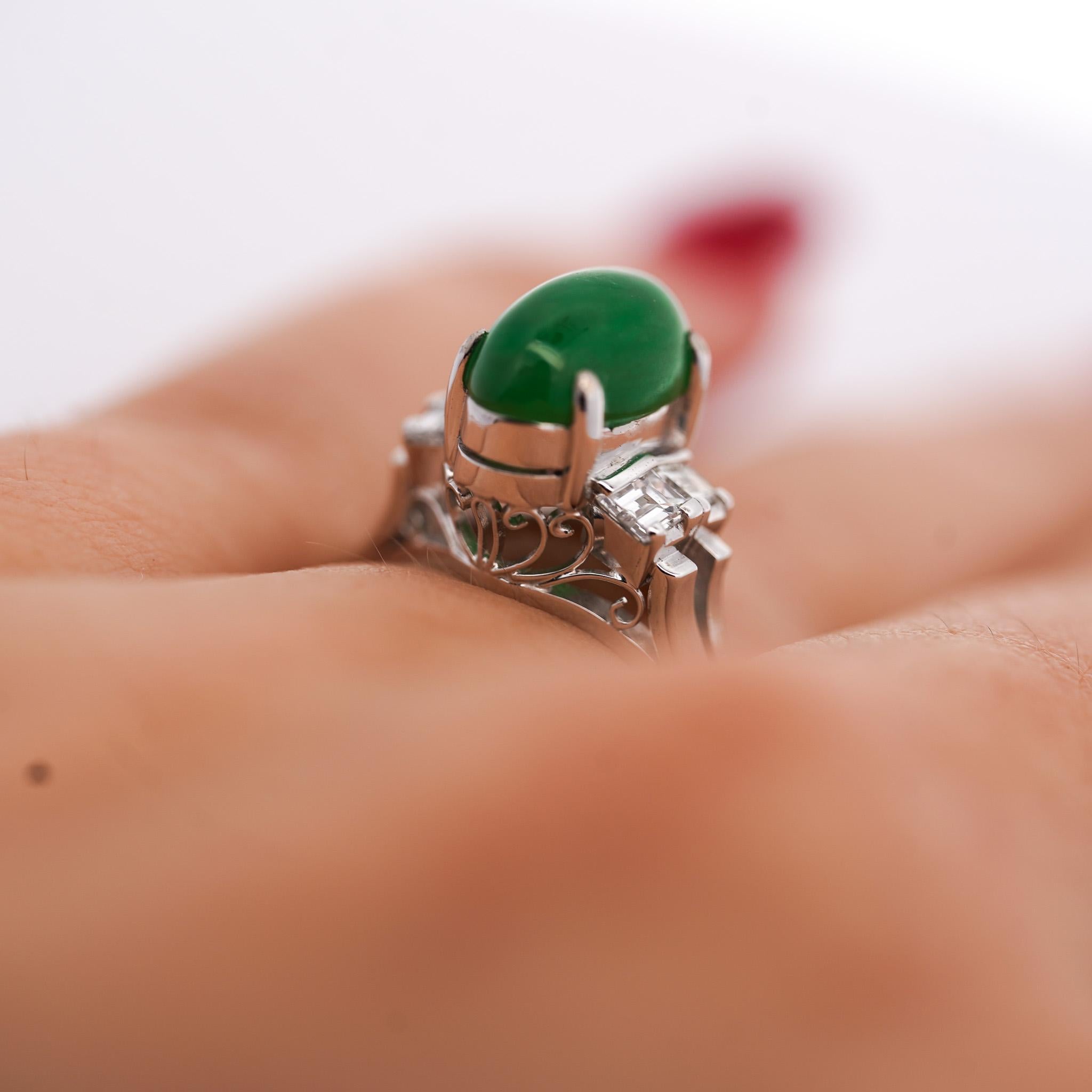 Modern Certified 2.69 Carat Oval Bright Green Untreated A Jadeite Jade Platinum Ring For Sale