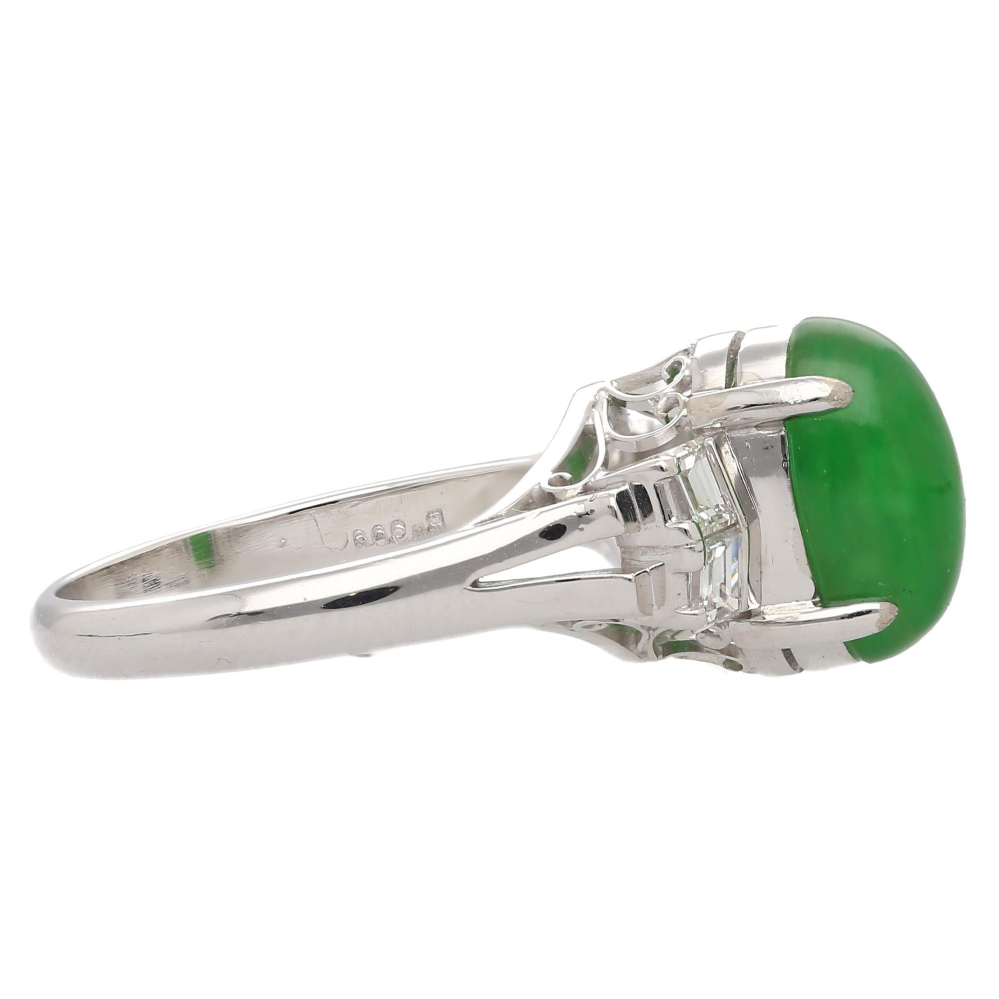 Certified 2.69 Carat Oval Bright Green Untreated A Jadeite Jade Platinum Ring For Sale 1