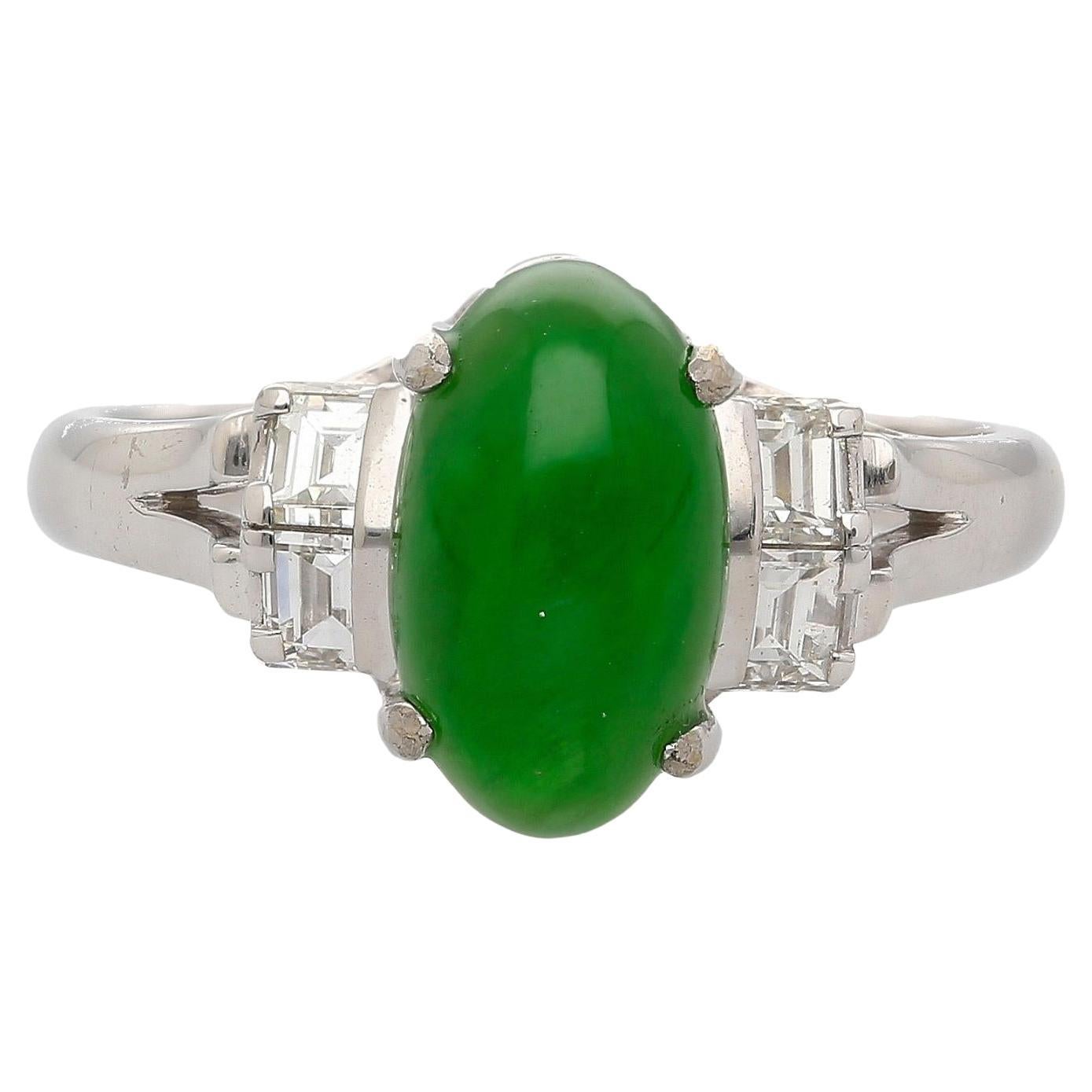 Certified 2.69 Carat Oval Bright Green Untreated A Jadeite Jade Platinum Ring
