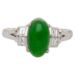 Certified 2.69 Carat Oval Bright Green Untreated A Jadeite Jade Platinum Ring