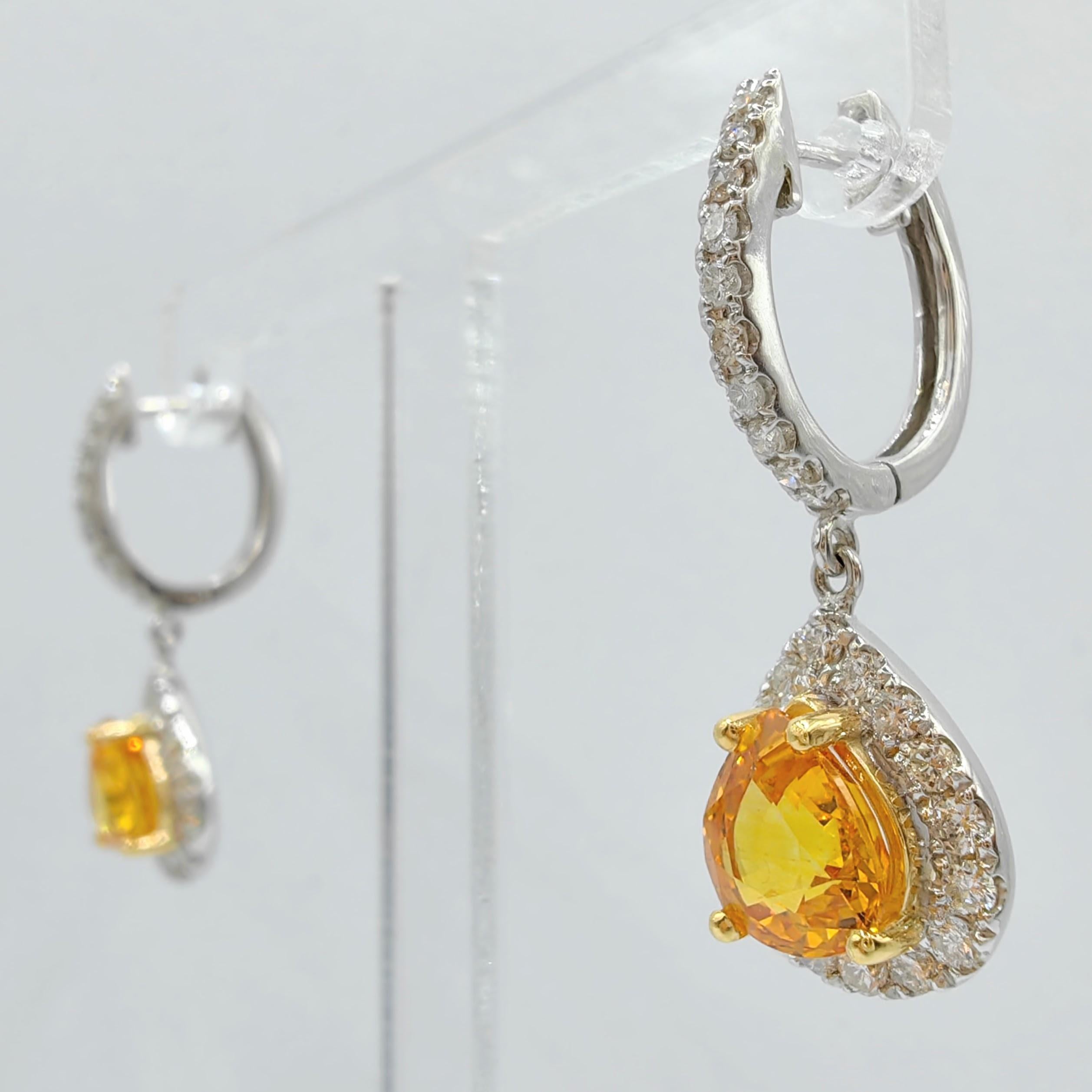 Contemporary Certified 2.64ct Pear Cut Yellow Sapphire Diamond Drop Earrings in 18K Gold For Sale