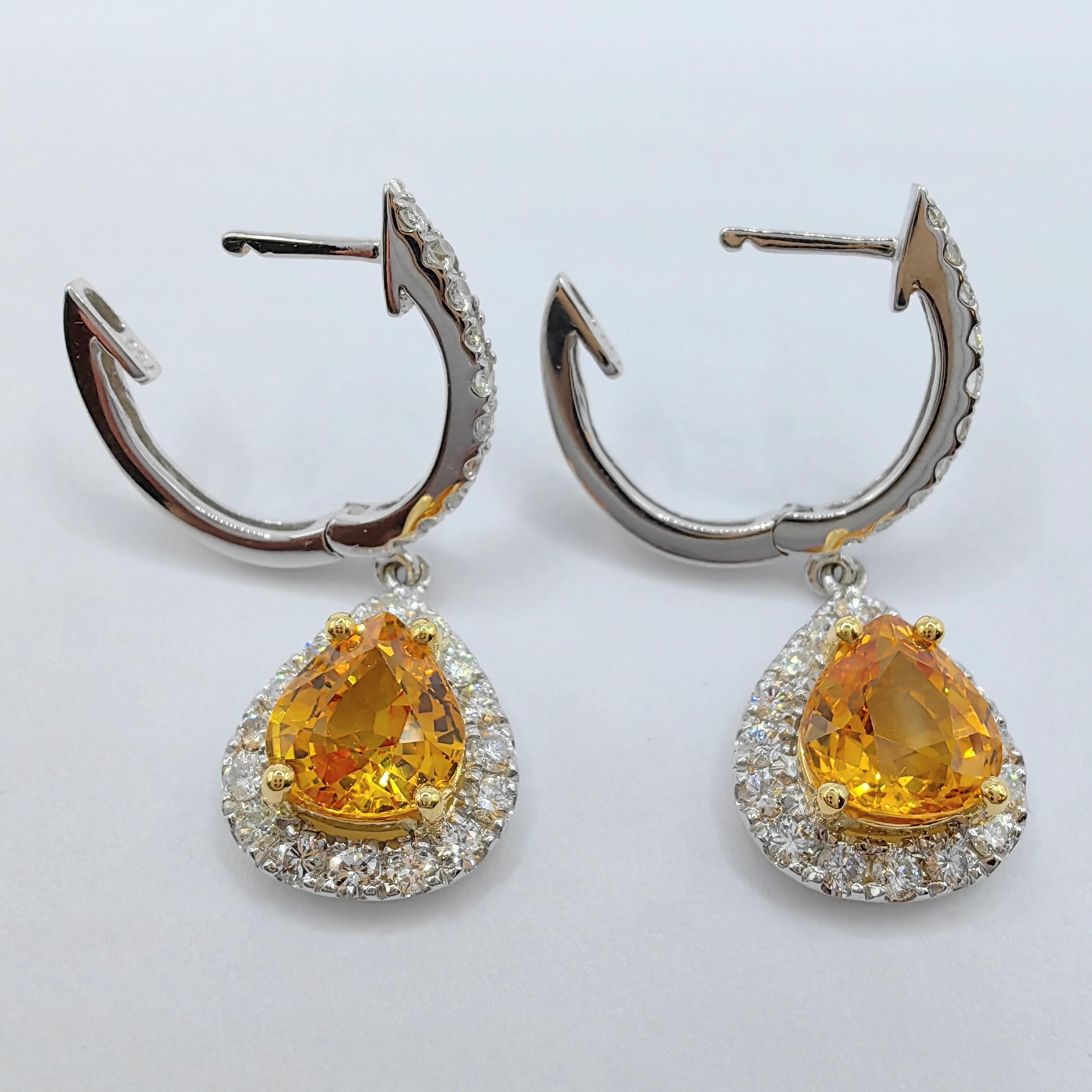 Certified 2.64ct Pear Cut Yellow Sapphire Diamond Drop Earrings in 18K Gold For Sale 1