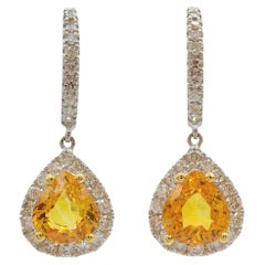 Certified 2.64ct Pear Cut Yellow Sapphire Diamond Drop Earrings in 18K Gold