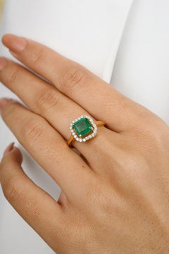 Certified Octagon 2.7 CTW Emerald Halo Diamond Ring in 18k Yellow Gold
