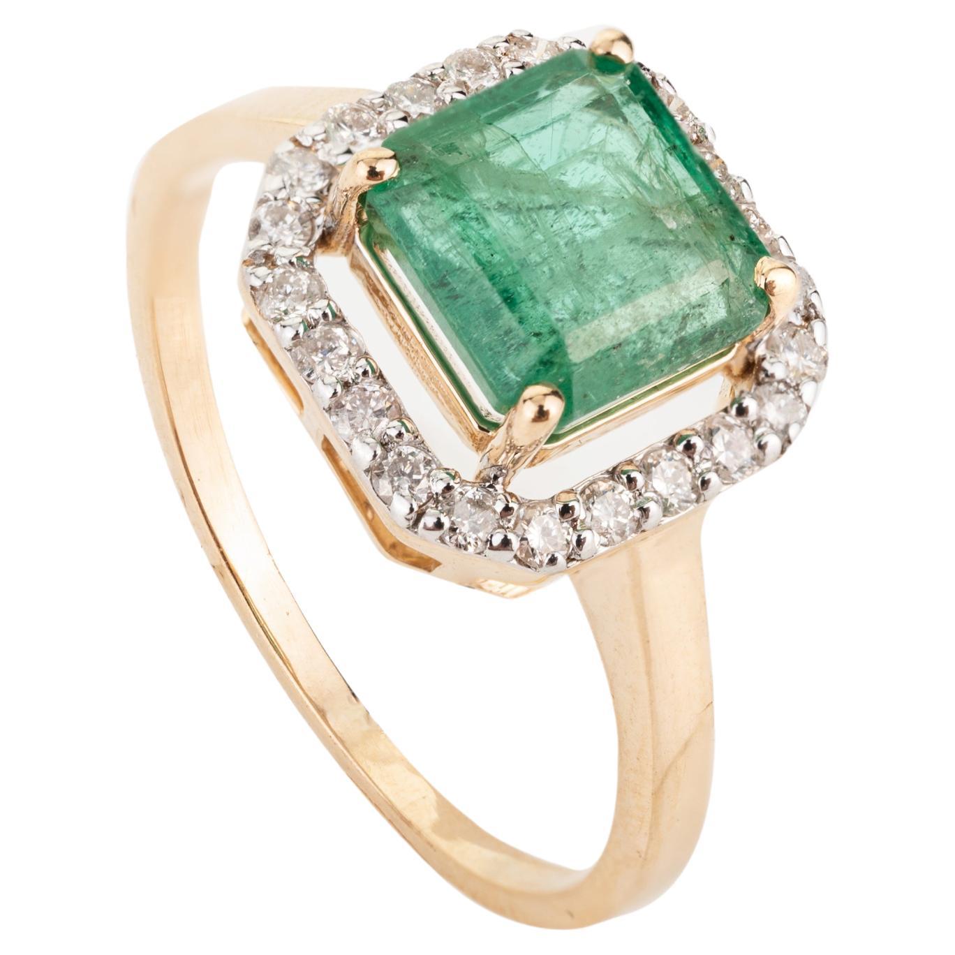 For Sale:  Certified 2.7 Carat Octagon Emerald Halo Diamond Wedding Ring in 18k Yellow Gold