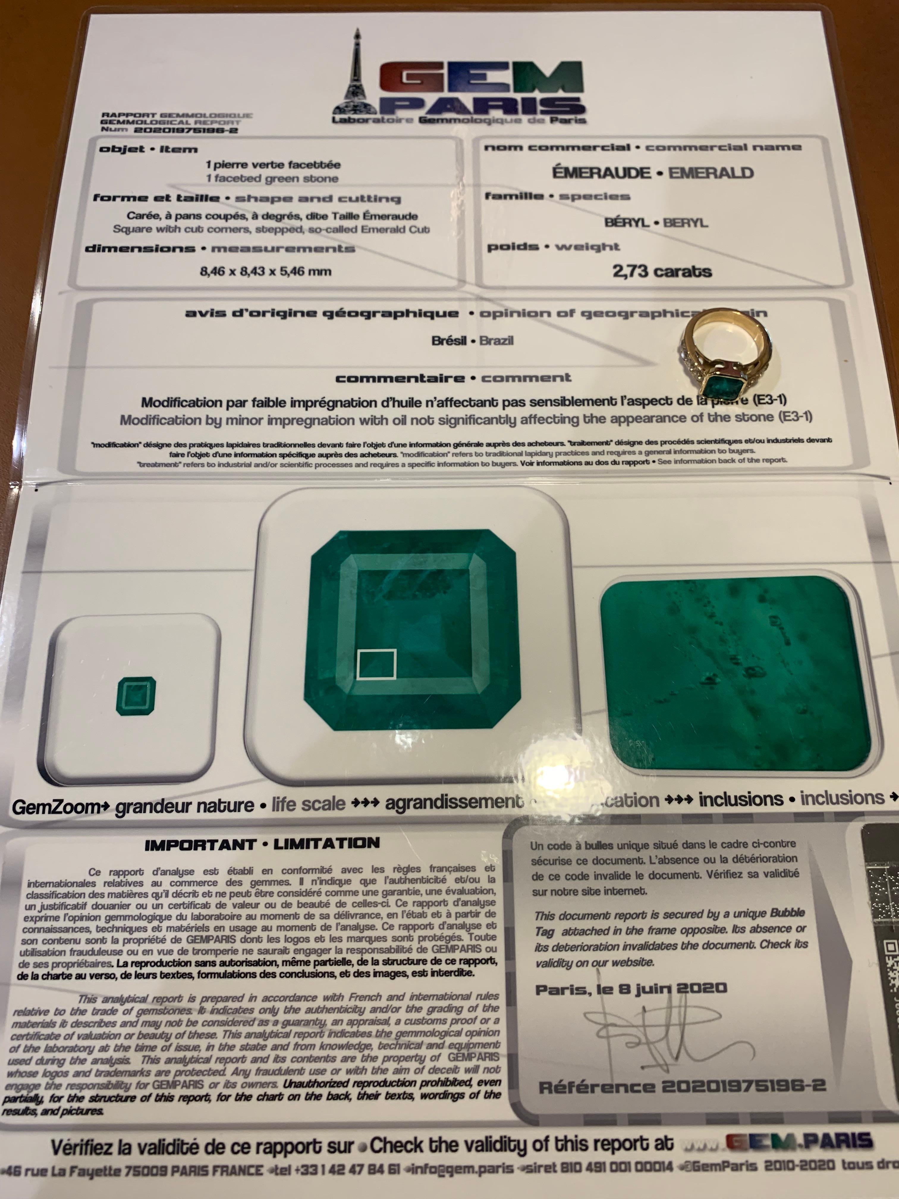 Zertifizierter 2,73 Karat Smaragd-Diamanten-Ring aus 18 Karat Gelbgold Damen im Angebot