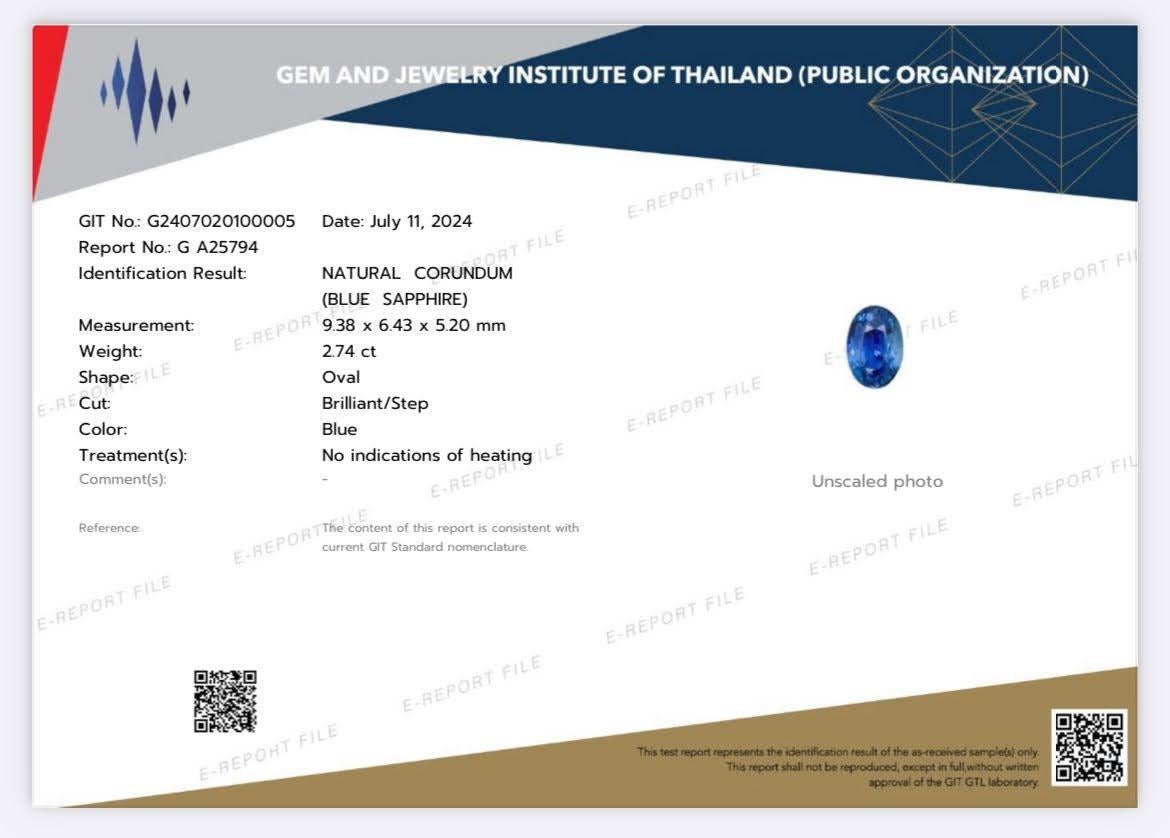 Weight 2.74 carats 
Dimensions 9.38 x 6.43 x 5.20 mm
Treatment none 
Origin Sri Lanka 
Clarity VVS
Shape oval 
Cut Faceted 


Discover the allure of this exquisite 2.74 carat blue sapphire stone, masterfully cut into an elegant oval shape. Sourced