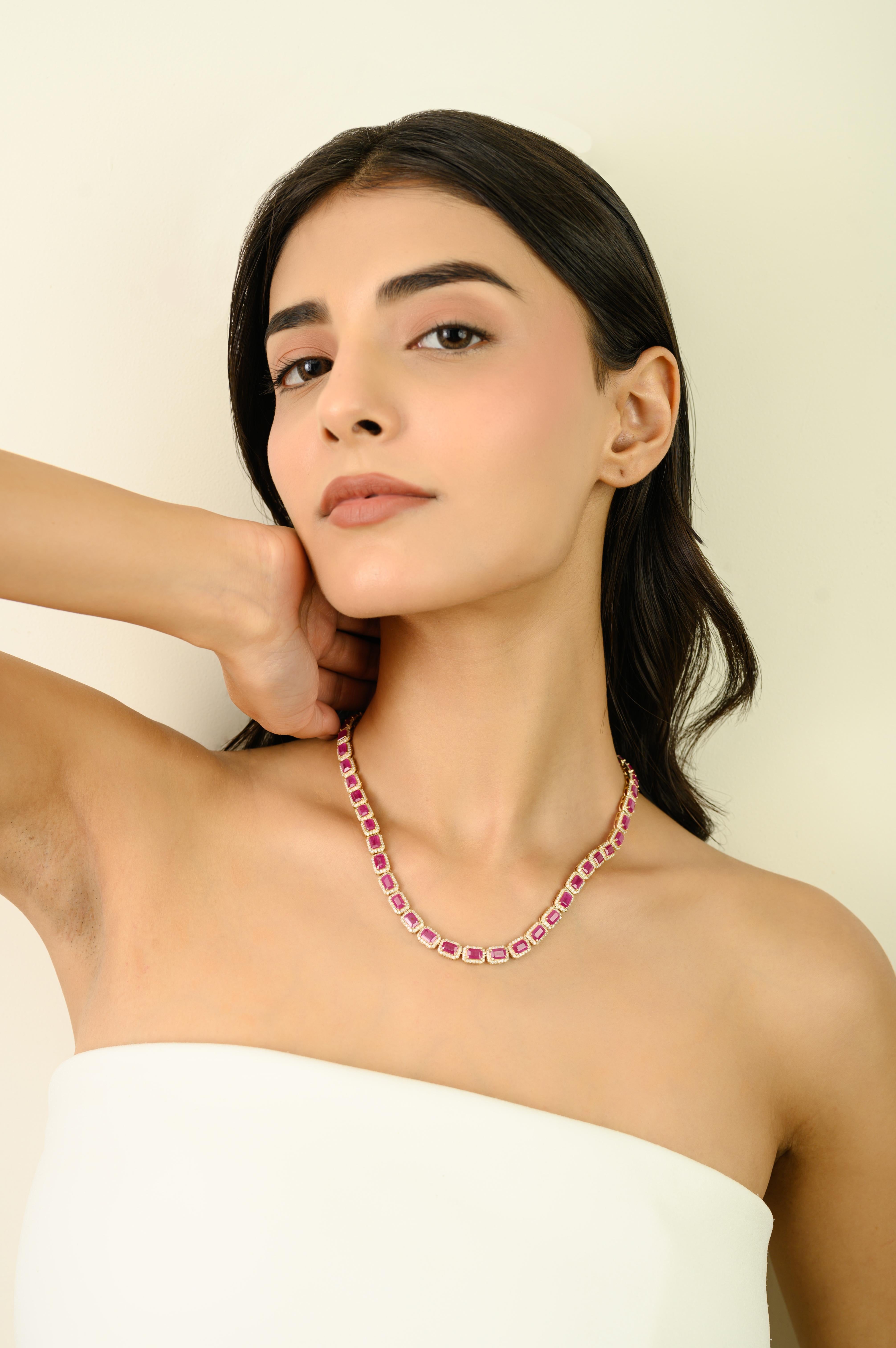 Taille octogone Collier de tennis en or jaune 14K certifié 27.47Ct Rubis Naturel et 5.56Ct Diamant en vente