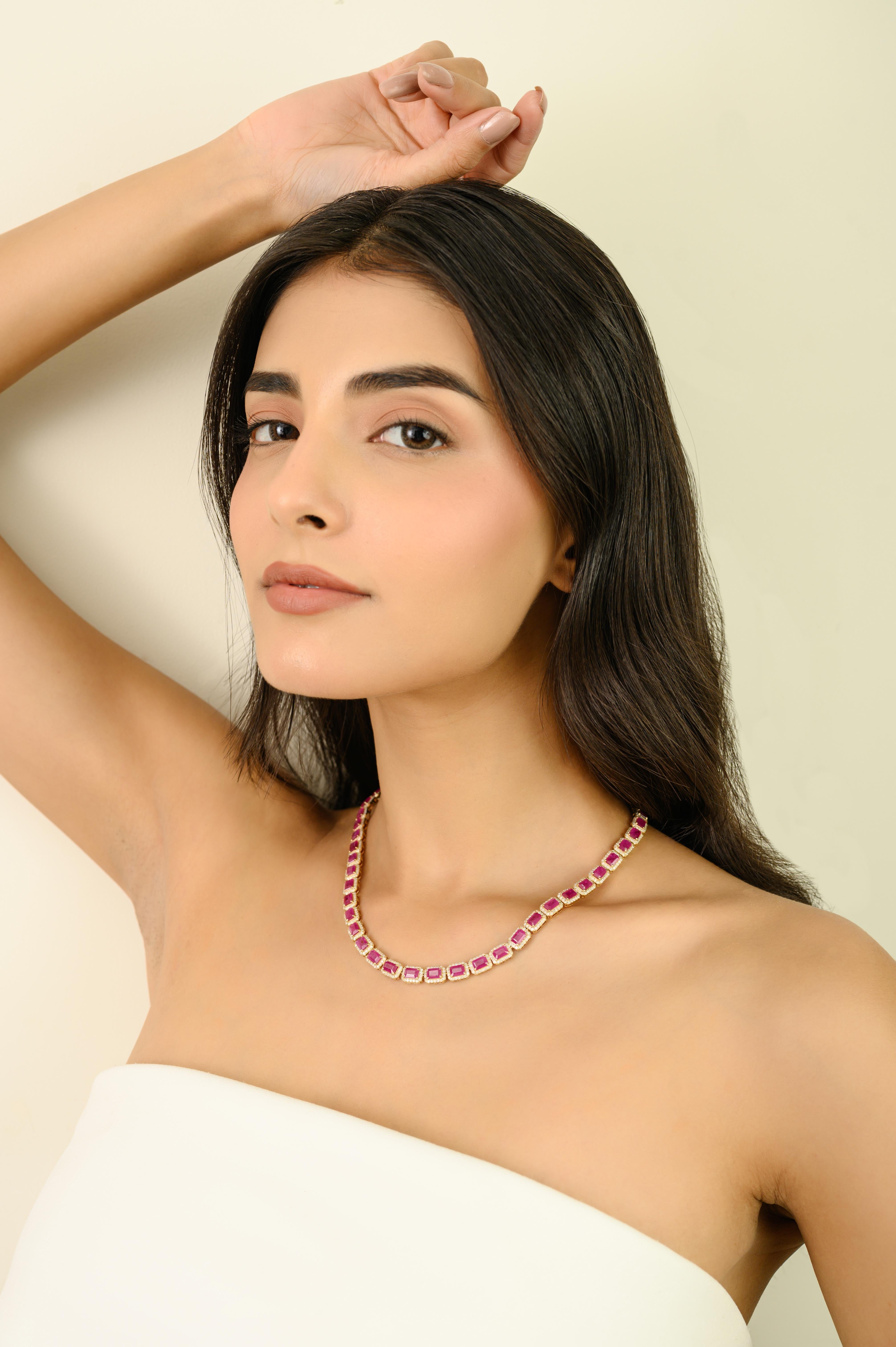 Collier de tennis en or jaune 14K certifié 27.47Ct Rubis Naturel et 5.56Ct Diamant Pour femmes en vente