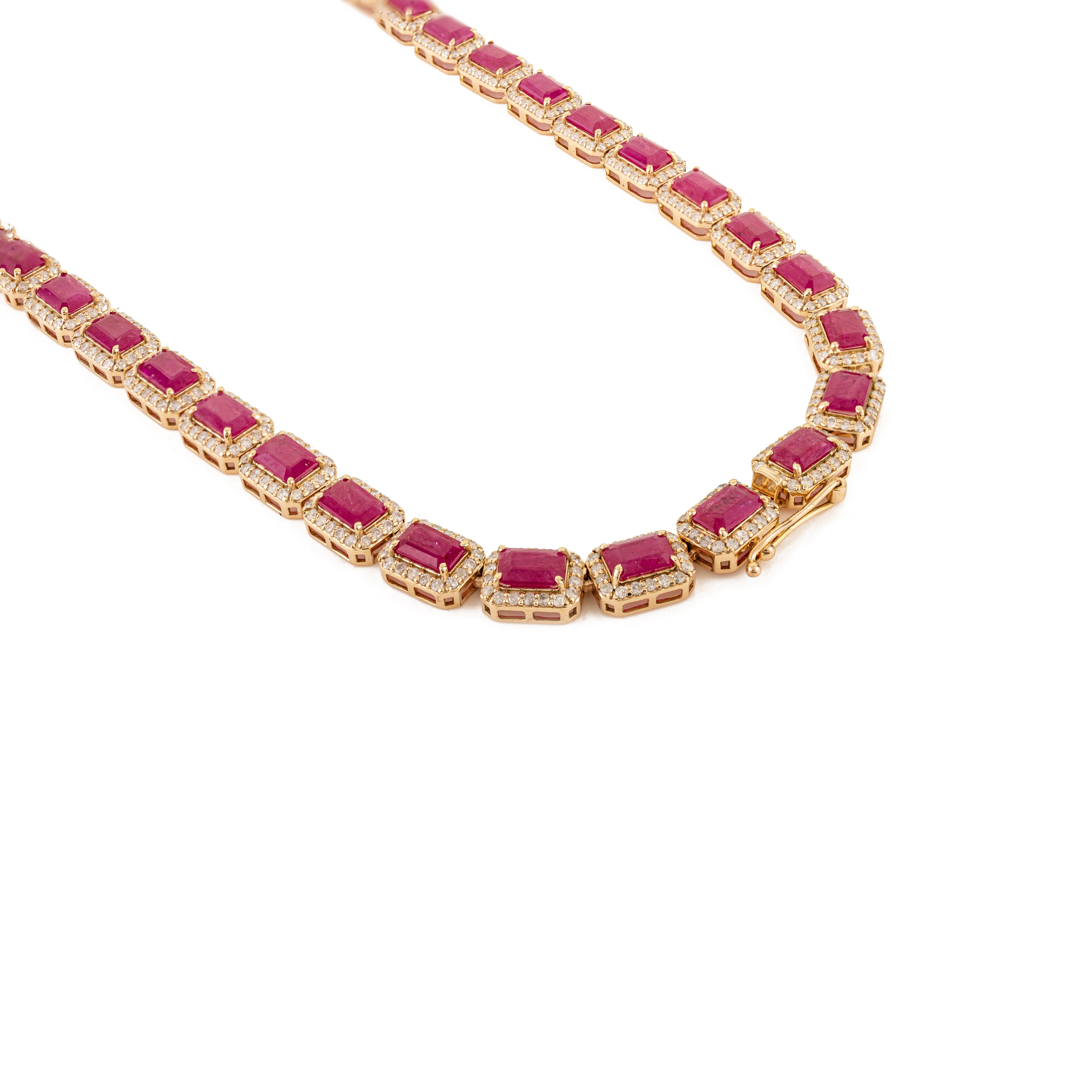 Collier de tennis en or jaune 14K certifié 27.47Ct Rubis Naturel et 5.56Ct Diamant en vente 1