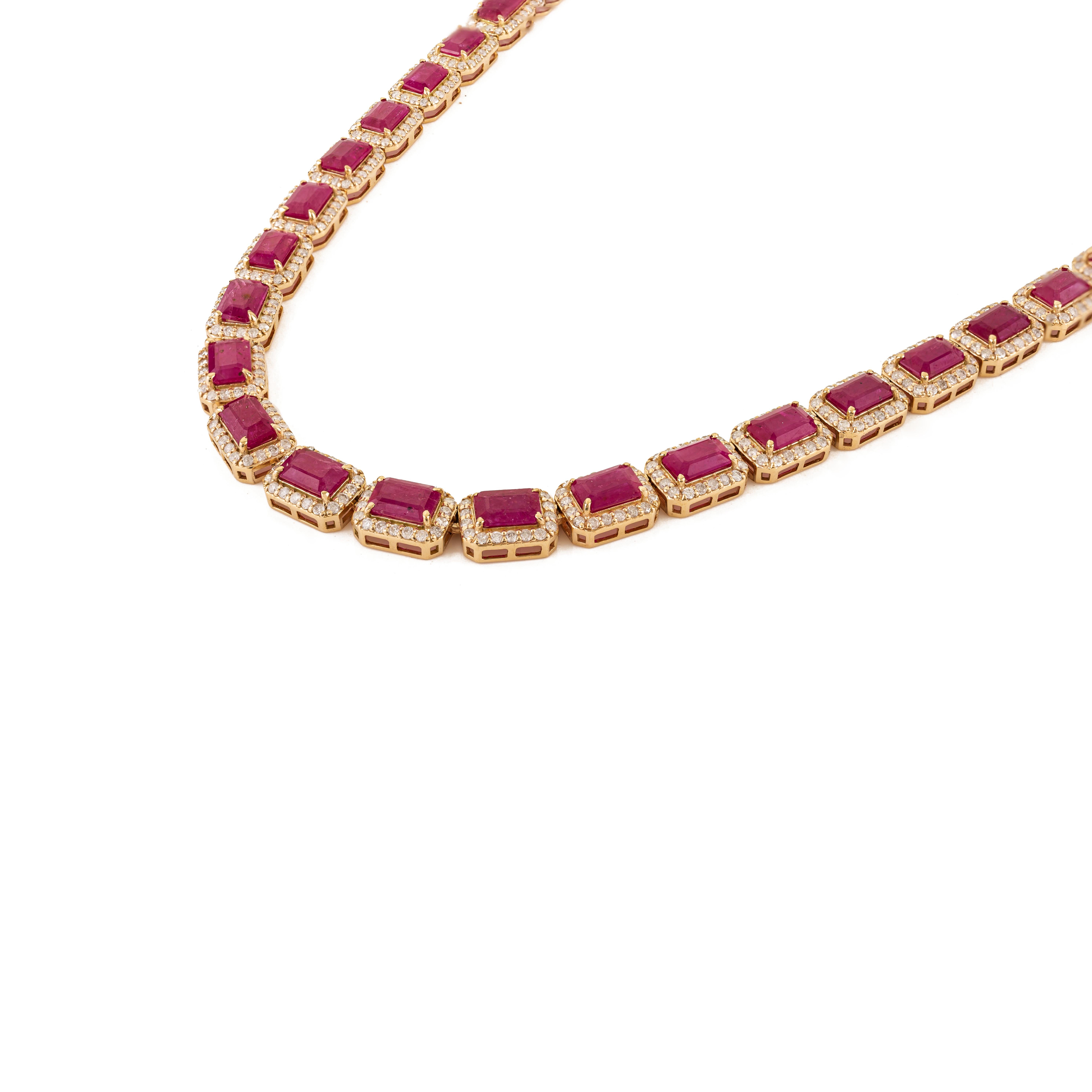 Collier de tennis en or jaune 14K certifié 27.47Ct Rubis Naturel et 5.56Ct Diamant en vente 3