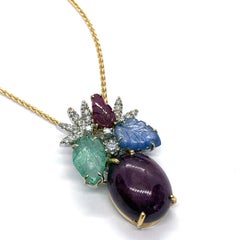 Certified 27.53 Carat Red Ruby Yellow 18 Carat Gold Cabochon Pendant