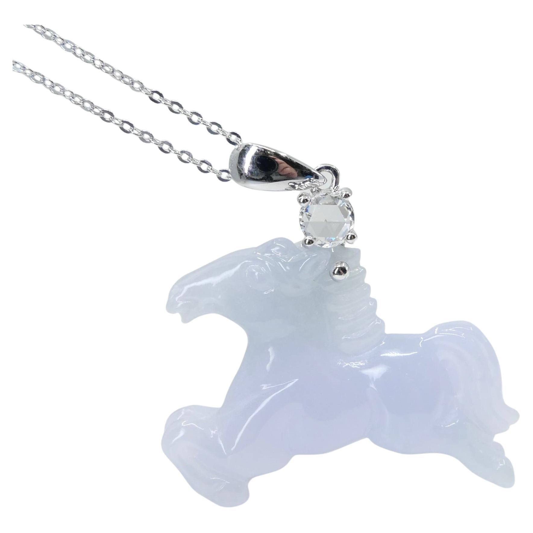 Certified 27.64cts Jade & Diamond Horse Pendant, for Equestrians & Horse Lovers For Sale