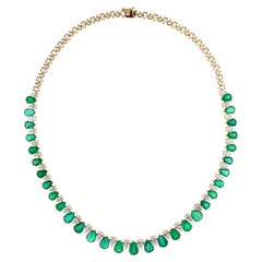 Certified 27.64 TCW Pear Emerald Diamond Tennis Necklace 14 Karat Yellow Gold