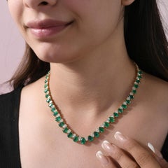 Certified 27.64 TCW Pear Emerald Diamond Tennis Necklace 18 Karat Yellow Gold