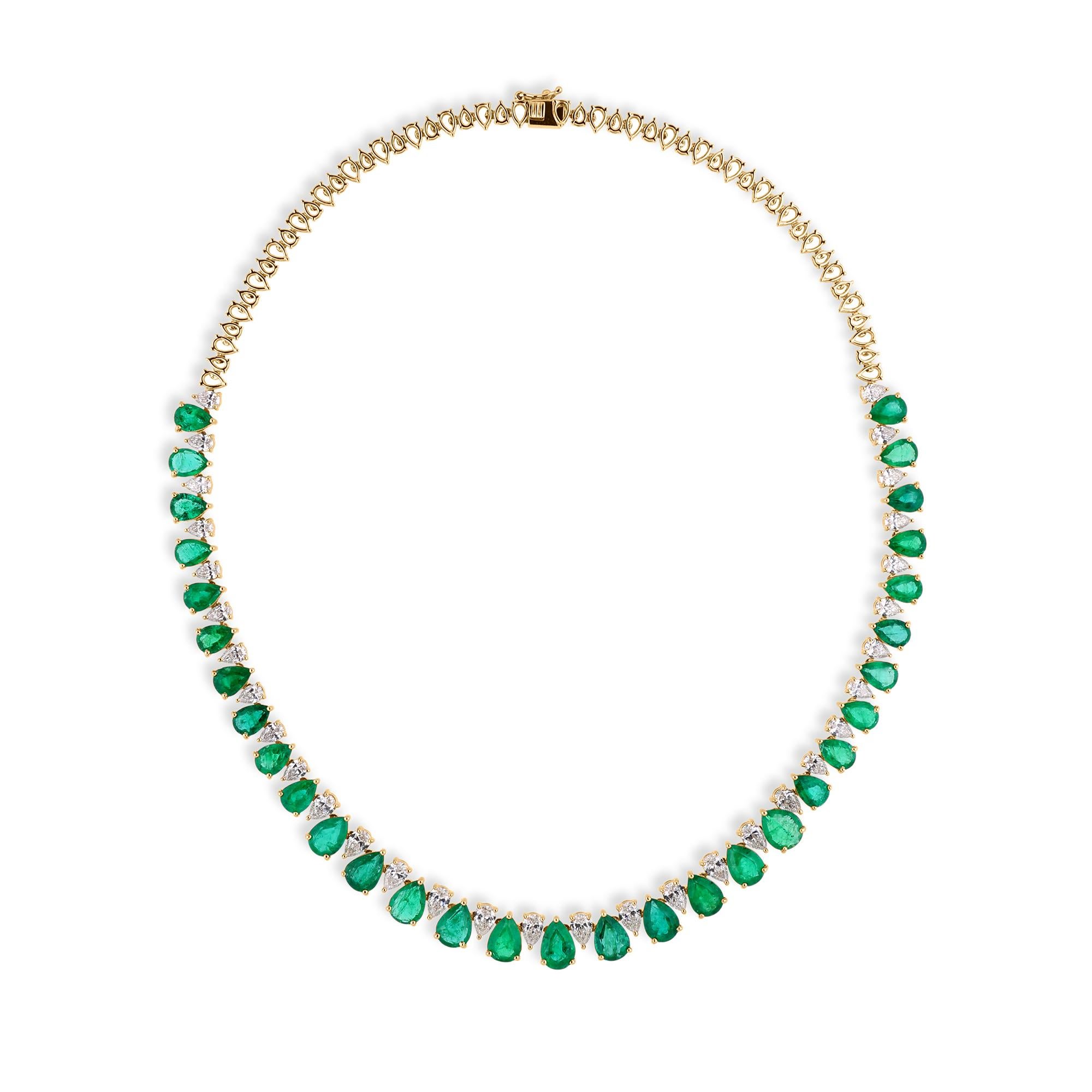 Certificado 27.64 TCW Esmeralda Pera Diamante Tenis Collar 18 Kilates Oro Amarillo Corte pera en venta