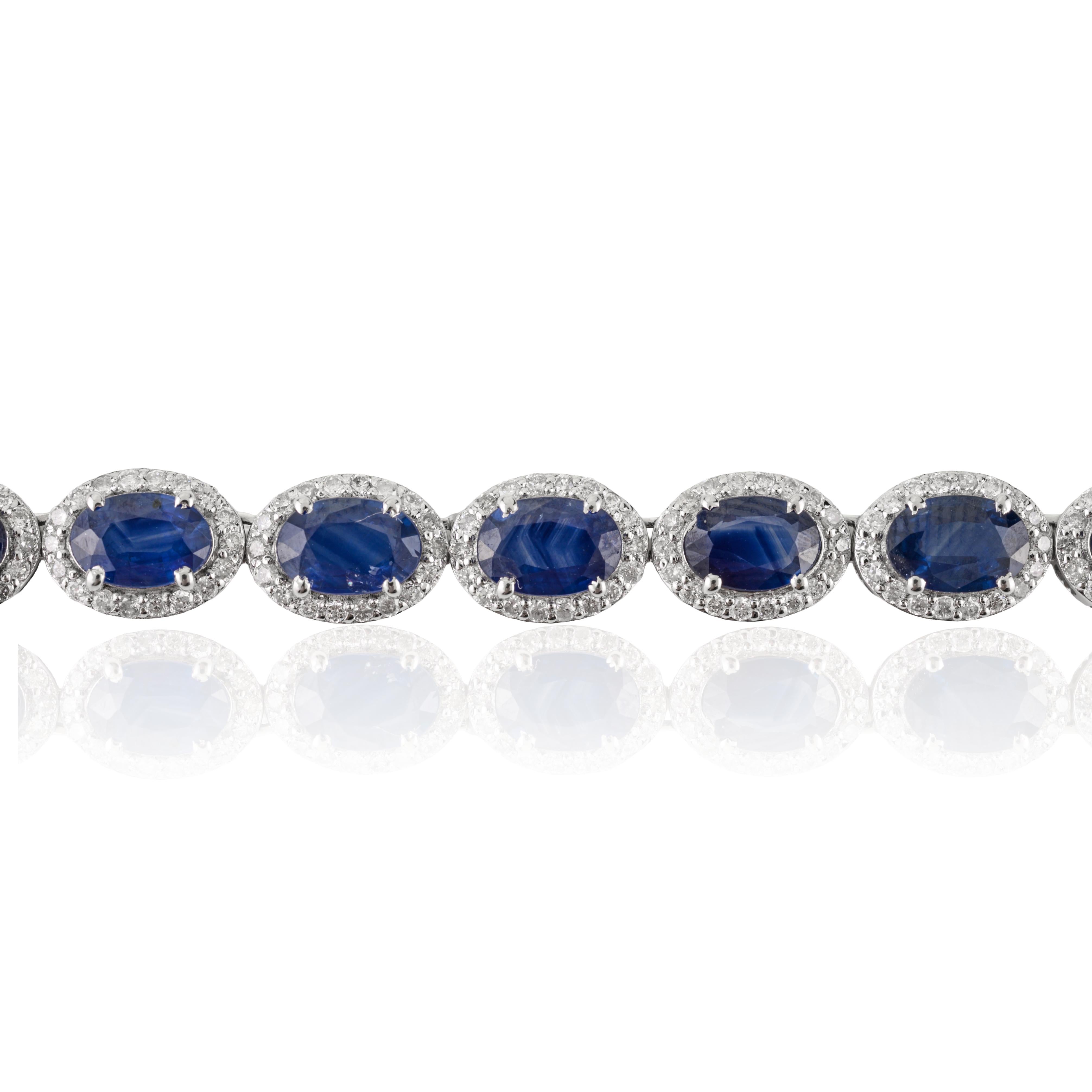 Certified 27.67Ct Blue Sapphire & 4.51Ct Diamond Tennis Necklace 14K White Gold For Sale 4