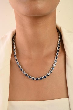 Certified 27.67Ct Blue Sapphire & 4.51Ct Diamond Tennis Necklace 14K White Gold