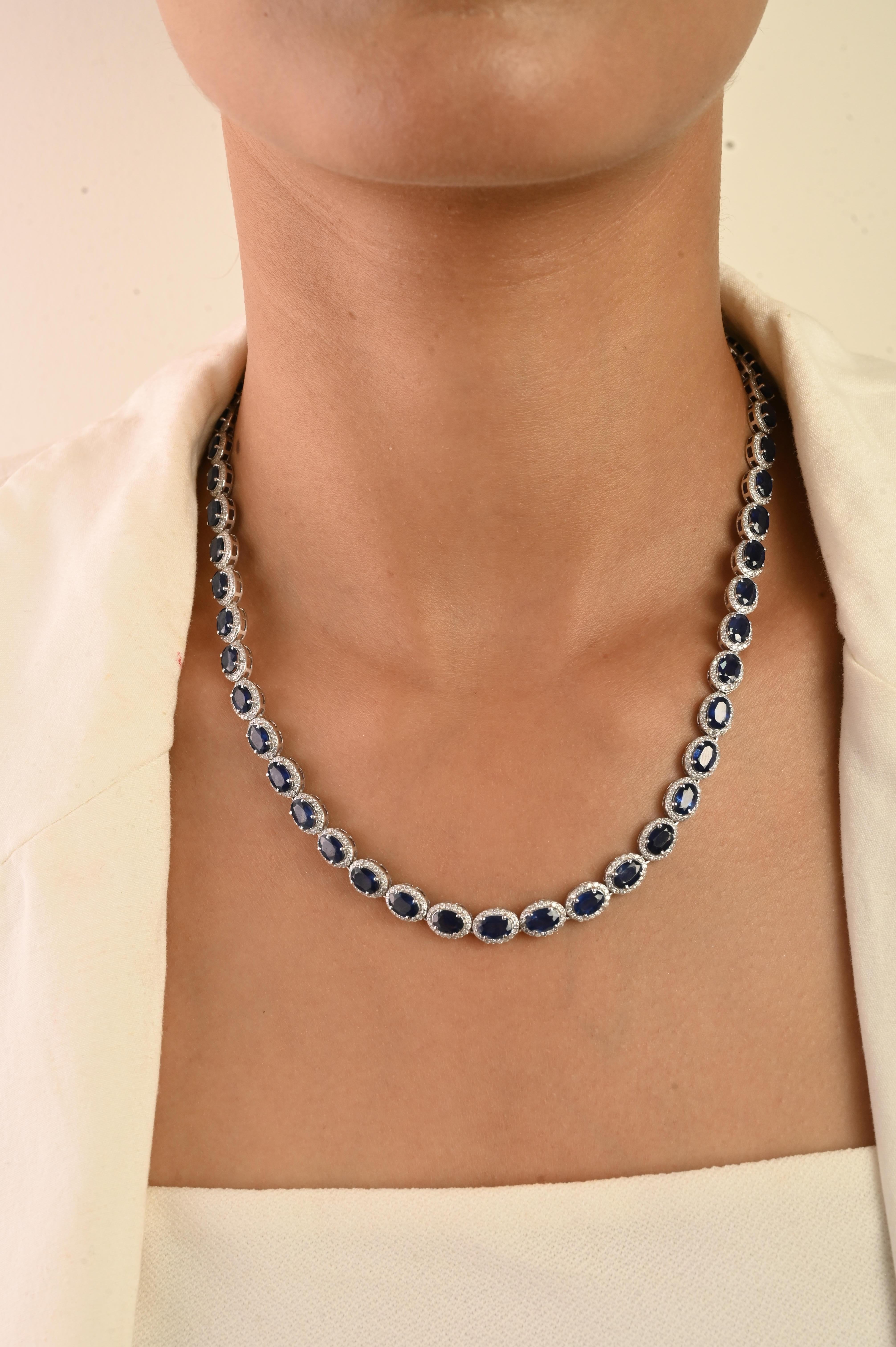Oval Cut Certified 27.67Ct Blue Sapphire & 4.51Ct Diamond Tennis Necklace 14K White Gold For Sale