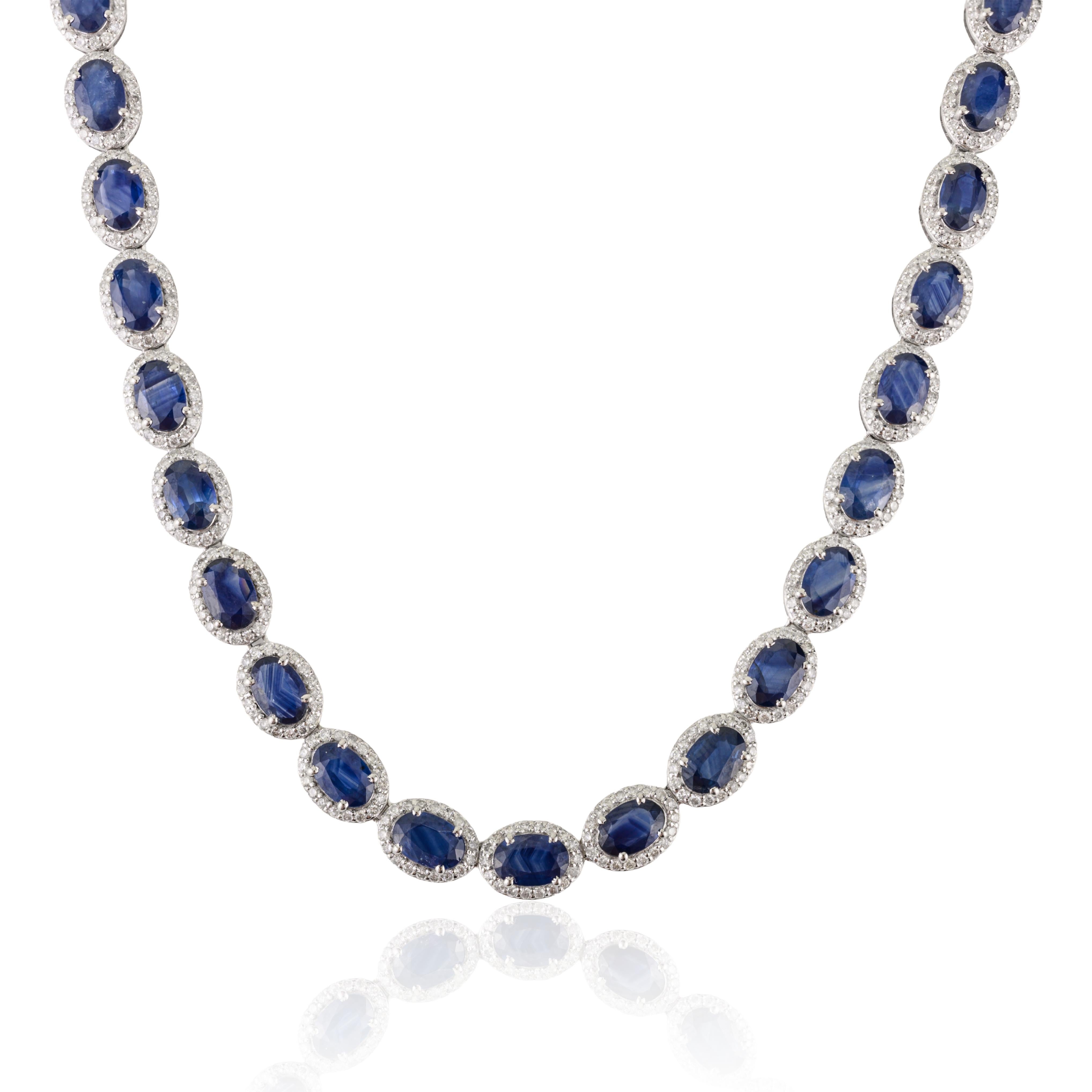 Certified 27.67Ct Blue Sapphire & 4.51Ct Diamond Tennis Necklace 14K White Gold In New Condition For Sale In New York, NY