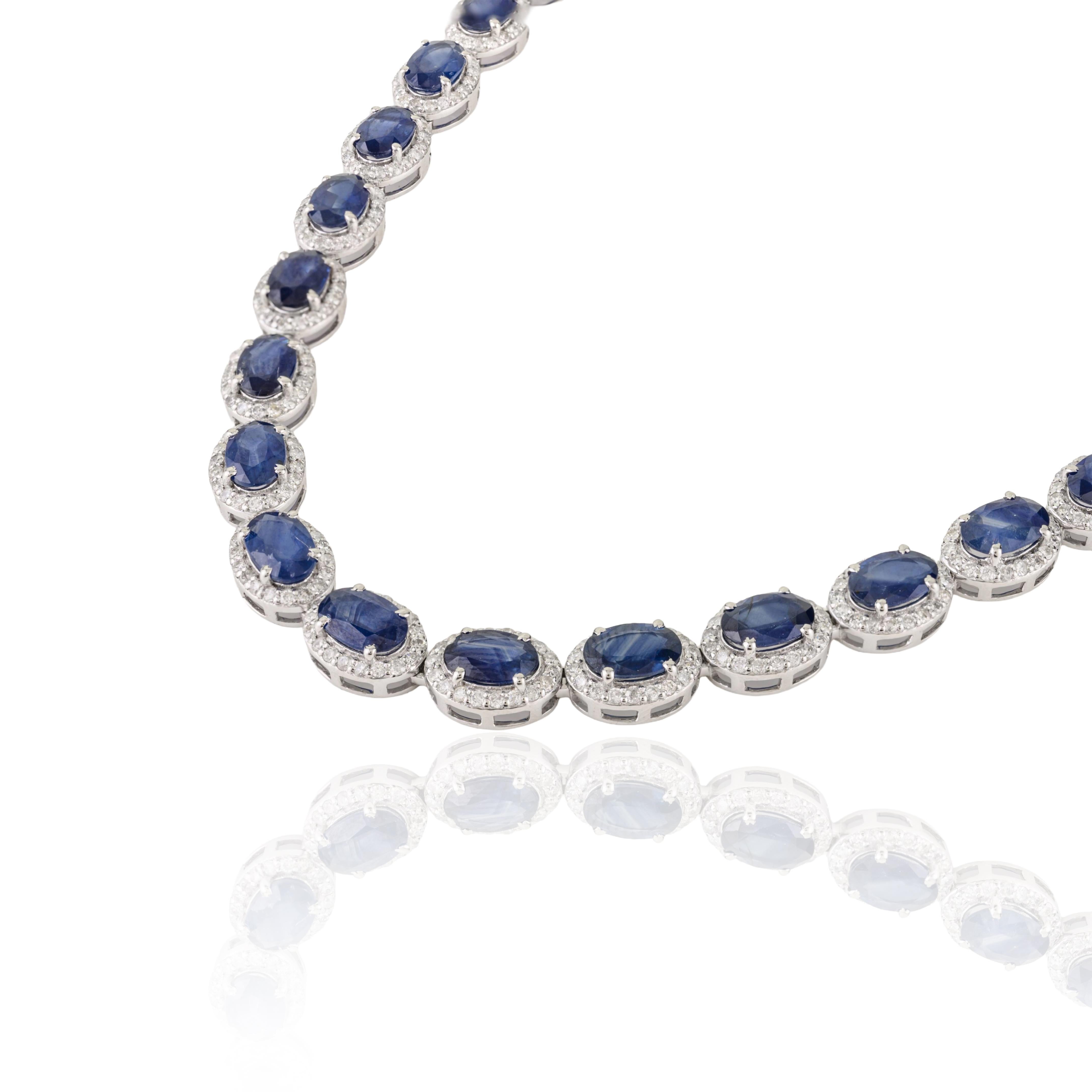 Certified 27.67Ct Blue Sapphire & 4.51Ct Diamond Tennis Necklace 14K White Gold For Sale 1